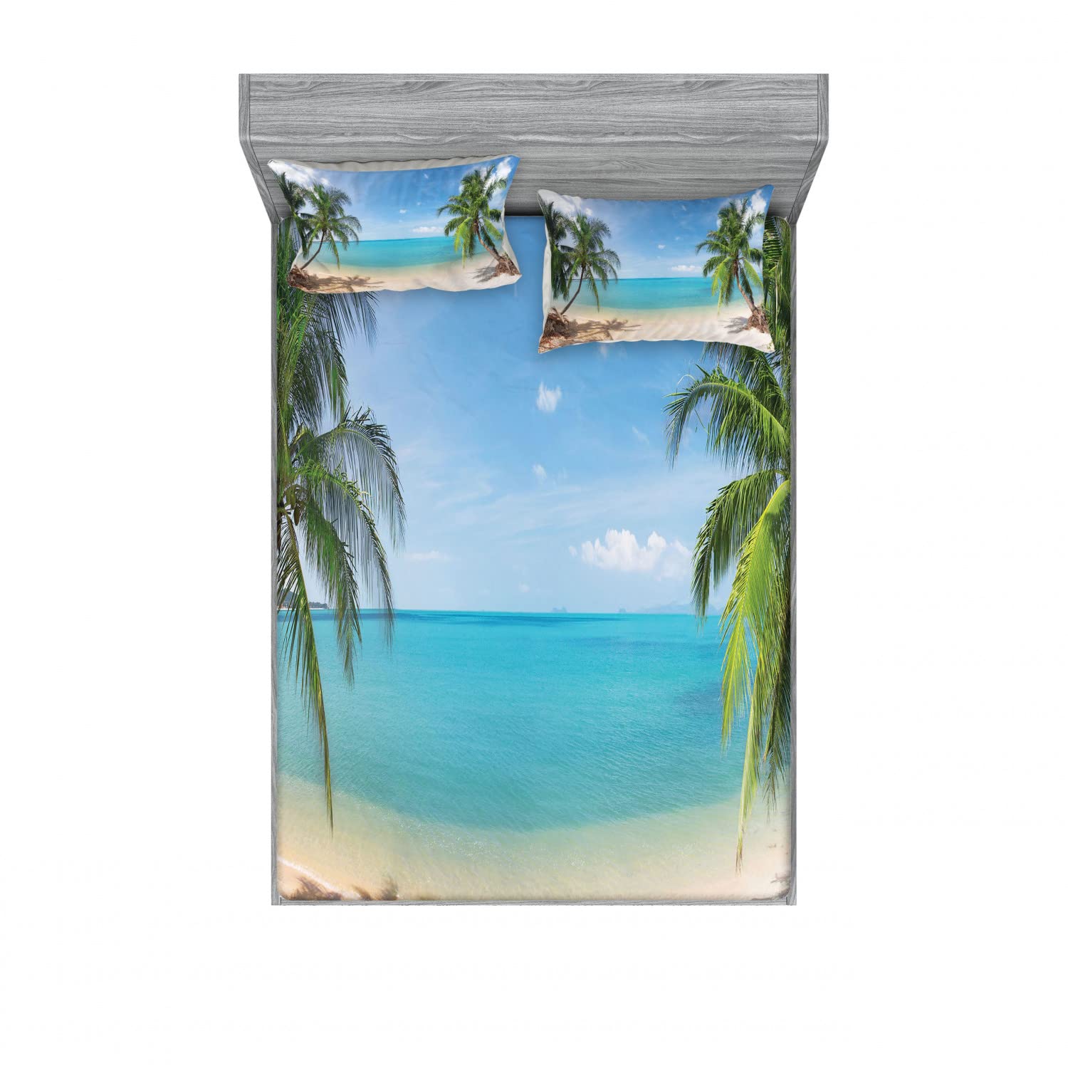 Ambesonne Exotic 2-Pack Full Size Fitted Sheet Set with 4 Pillow Shams - Panoramic Beach View Bedding in Pale Brown & Turquoise - Soft Wrinkle-Resistant Sheets for Guest Rooms, Vacation Homes & Coastal Decor