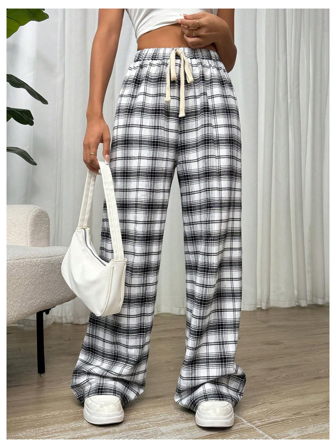 SHENHE Women's Plaid High Waist Drawstring Wide Leg Loose Casual Long Pants - Comfortable Lounge Pants for Home, Office & Travel