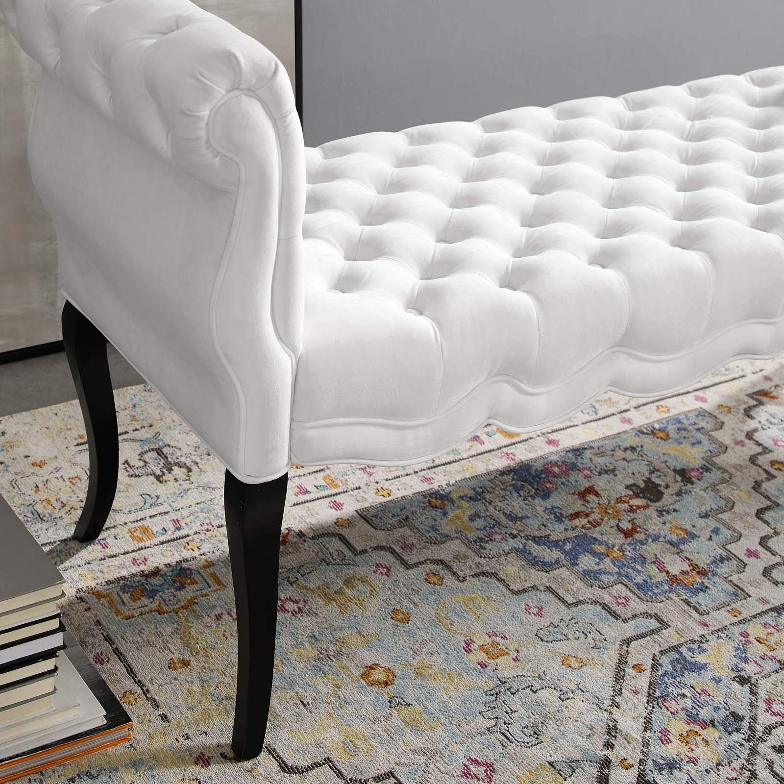 Modway Adelia Chesterfield Style Performance Velvet Entryway Bench - White Velvet Upholstered Sofa Bench for Hallway, Living Room & Bedroom Decor