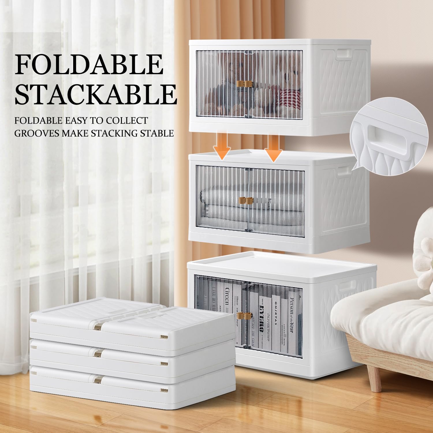 19 Gallon Stackable Storage Bins with Lids (3-Pack) - Collapsible Plastic Storage Boxes with Wheels & Doors, Large Foldable Organizer for Dorm Room Clothes, Toys & Home Organization - Space Saving Grey Storage Solution