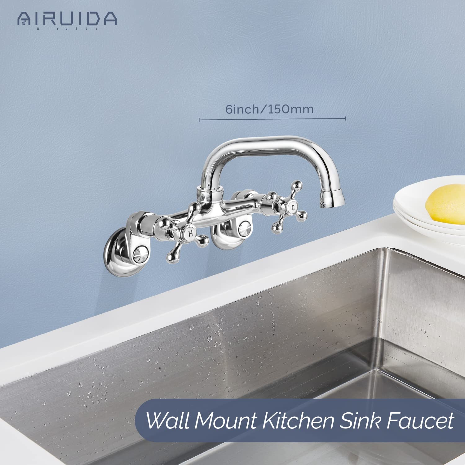 Airuida 6 Inch (15cm) Wall Mounted Kitchen Faucet - Chrome Polish Stainless Steel Commercial Grade with Spout & Connector Set - Perfect for Restaurant, Bar & Home Kitchen Installations