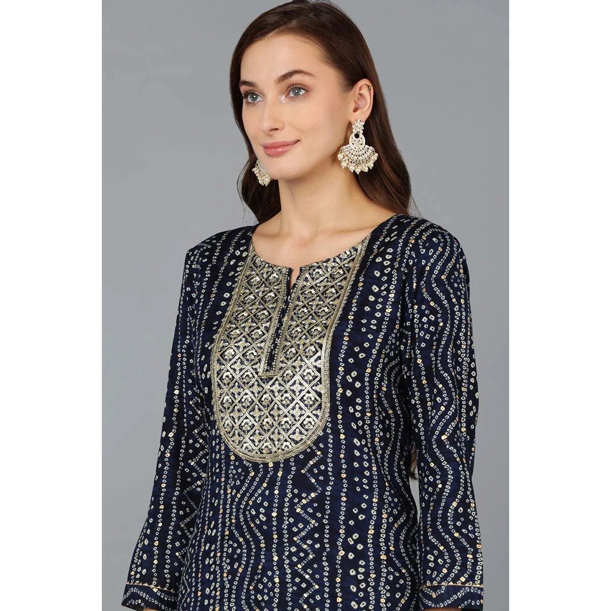 Navy Blue Viscose Rayon Bandhani Embroidered Straight Kurta for Women | Traditional Indian Ethnic Wear | Perfect for Festivals, Weddings & Casual Outings