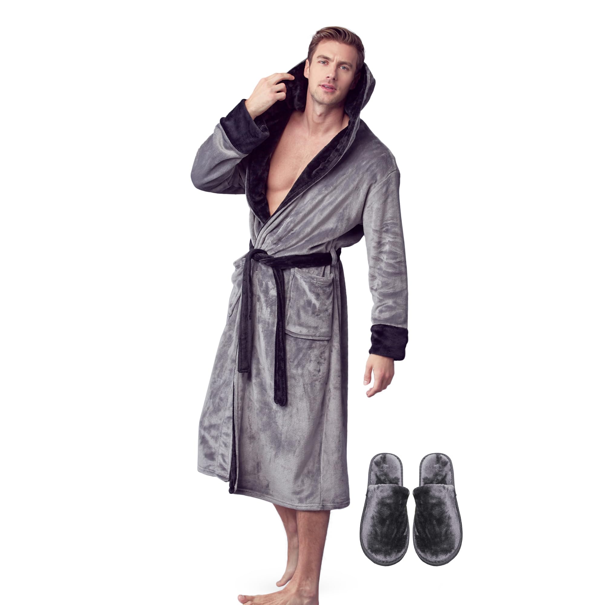 Luxury Men's Plush Hooded Bathrobe - Soft Long Linen Robe for Men, Perfect for Spa, Lounge & Relaxation at Home