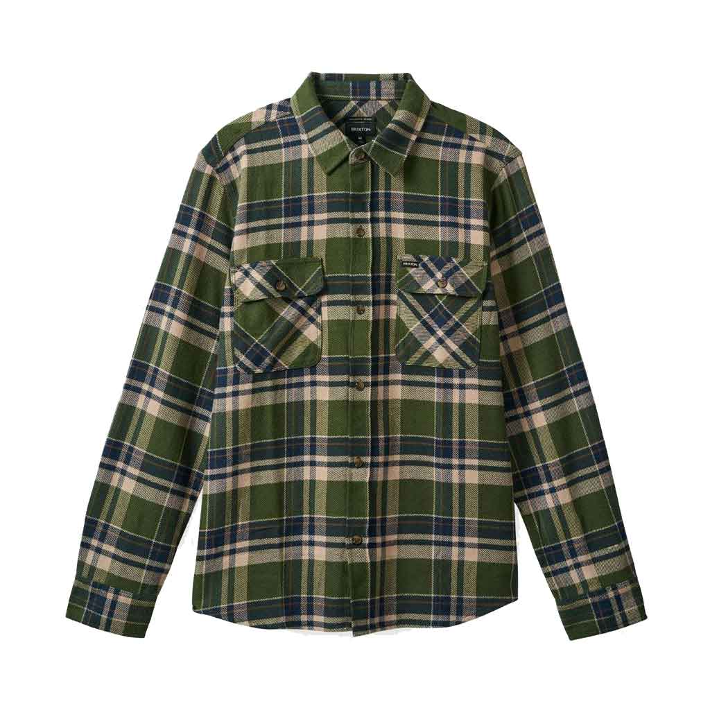 Brixton Bowery Long Sleeve Flannel Shirt - Cypress Green, Washed Navy & Whitecap Plaid - Casual & Outdoor Wear for Men