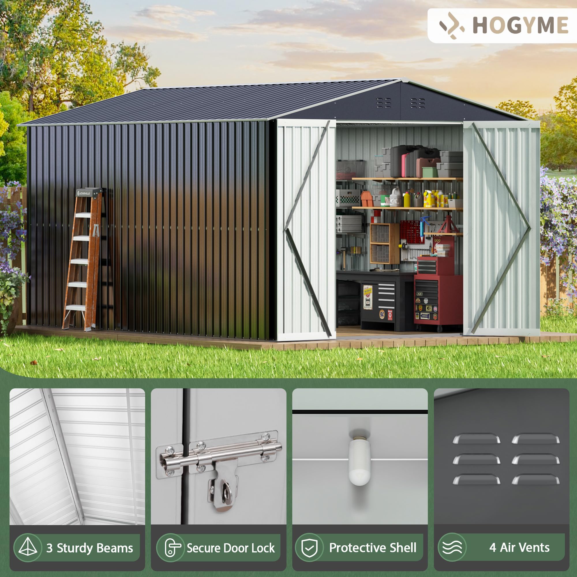 8x12 FT Outdoor Storage Shed - Heavy Duty Metal Garden Shed with Reinforced Frame & Lockable Doors | Perfect for Backyard, Patio, Lawn Equipment & Tool Organization (Grey)