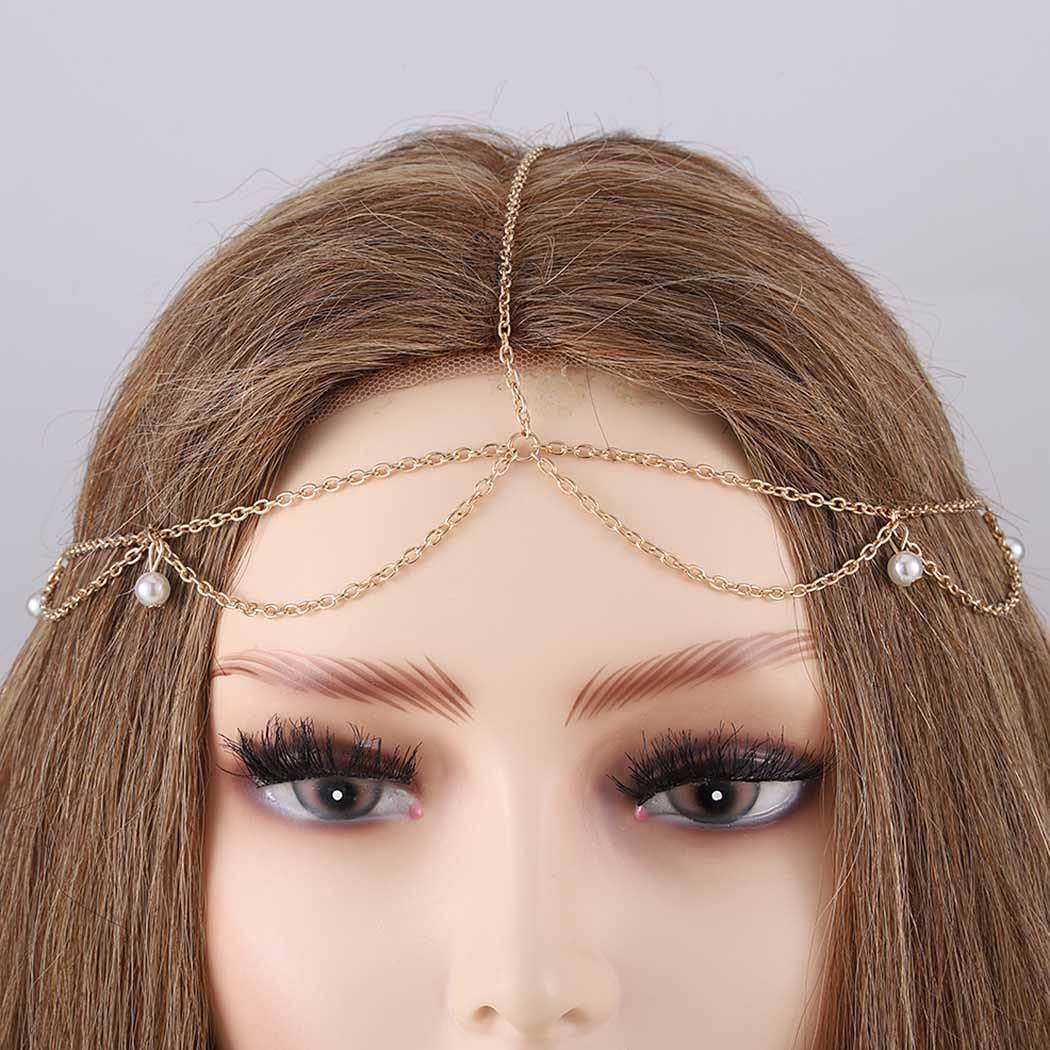 Gold Pearl Head Chain Jewelry - Boho Festival Hair Accessories for Women & Girls - Perfect for Music Festivals, Weddings & Bohemian Style Outfits