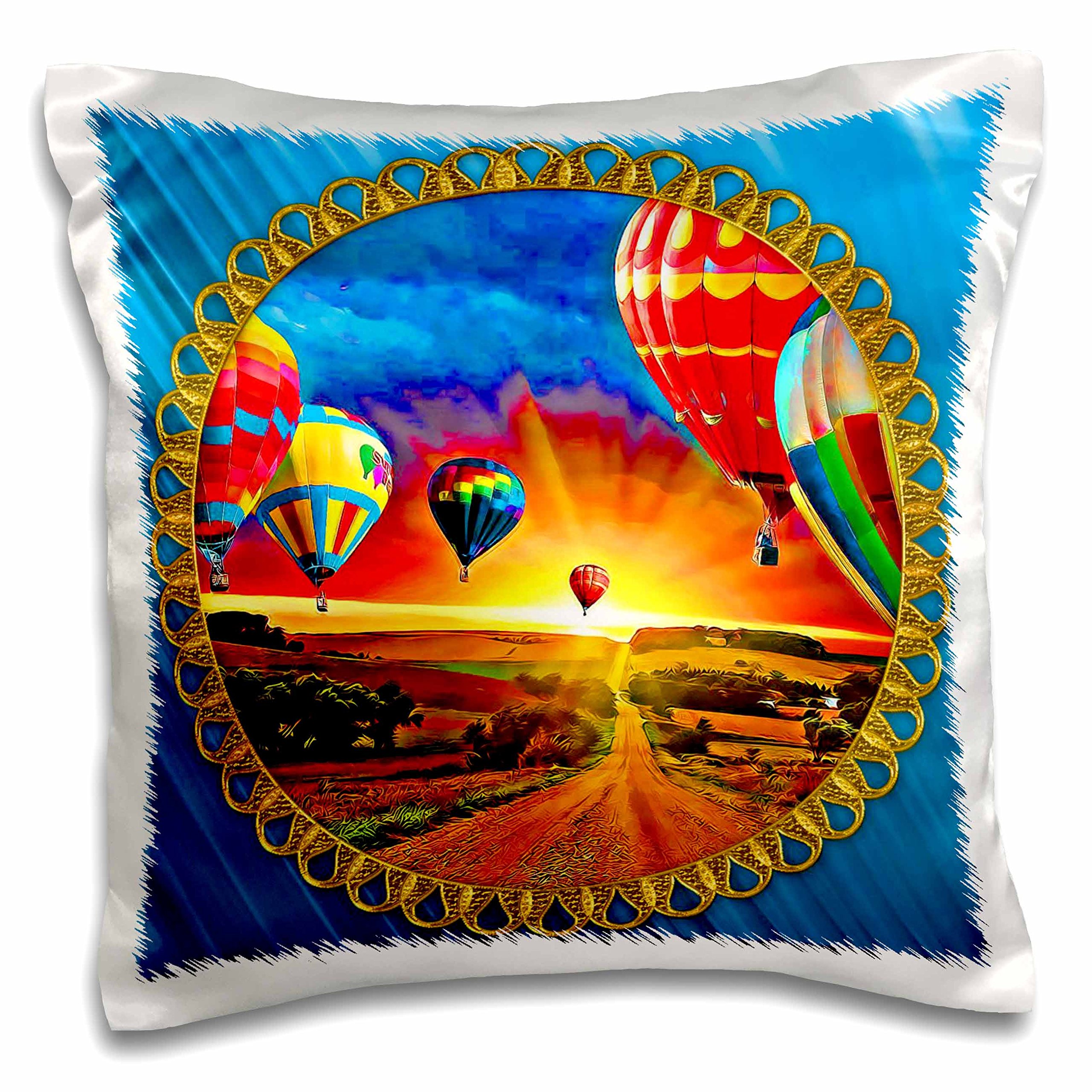 3D Rose Hot Air Balloons & Beautiful Sky Blue Jewel Frame Pillow Case - 16x16 Inch Decorative Throw Pillow Cover for Living Room, Bedroom, Nursery