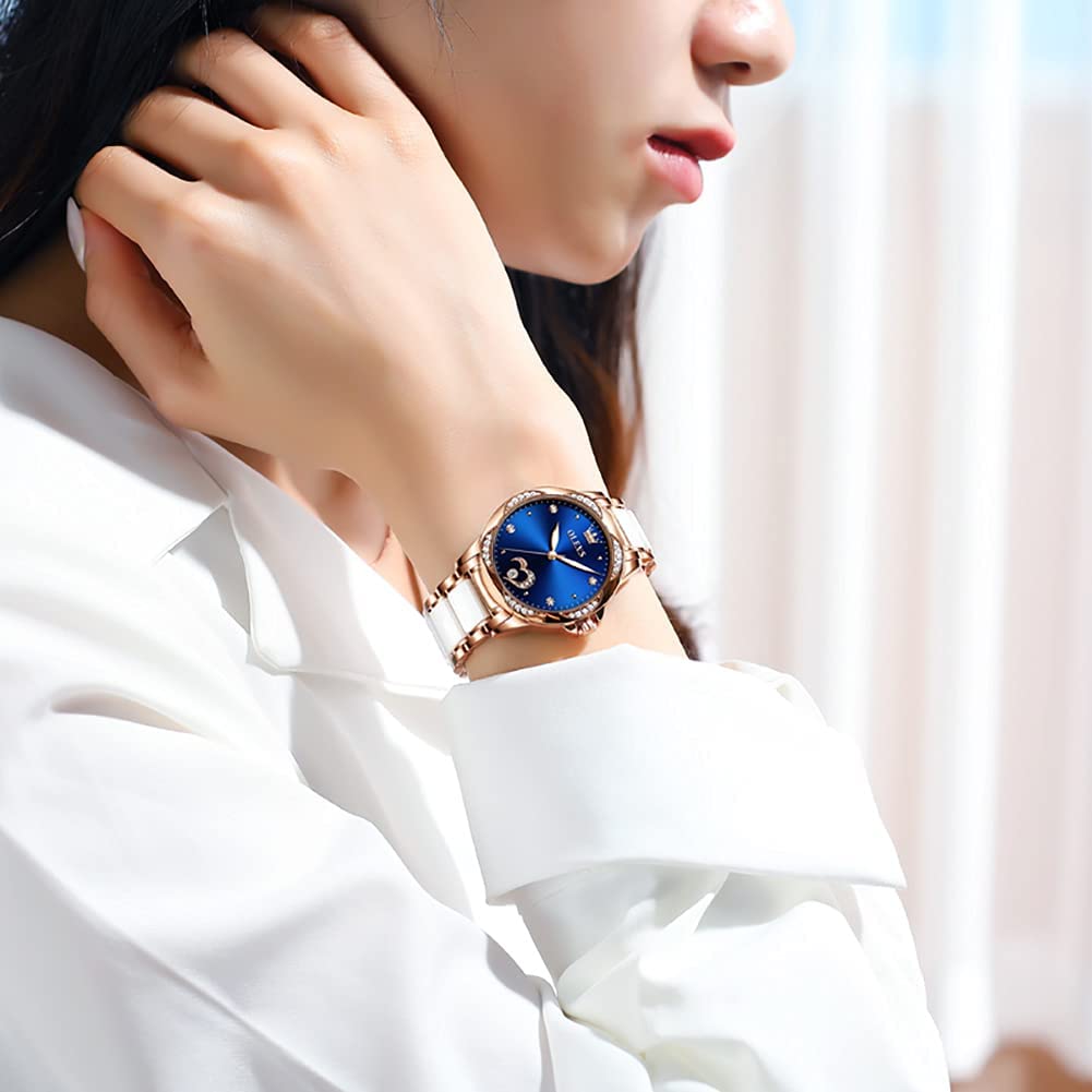 OLEVS Rose Gold Women's Automatic Watch with Two-Tone Stainless Steel & Ceramic Bracelet, Diamond-Accented Self-Winding Watch - Red/Blue/White Dial (No Battery Required) | Perfect for Business, Party & Everyday Wear
