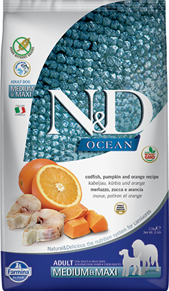 Farmina N&D Ancestral Grain Dry Dog Food - Ocean Cod & Orange Recipe for Medium Breed Dogs | High Protein, Grain-Inclusive Nutrition for Active Dogs | Perfect for Daily Meals & Outdoor Adventures