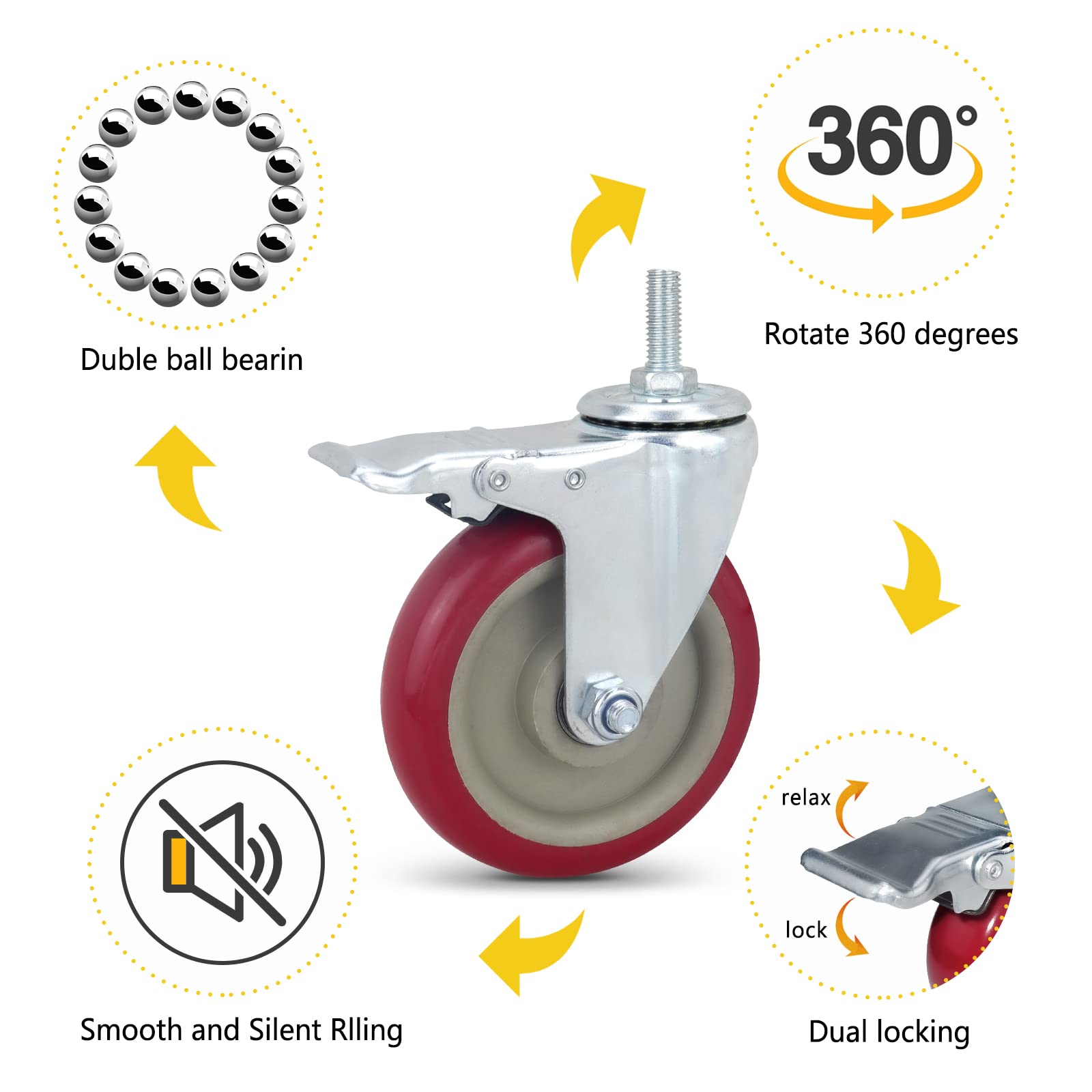 Heavy Duty Stem Casters with Brake - 5 Inch PU Noiseless Swivel Wheels Set of 4 (M12x30mm with Nut & Wrench Included) - Perfect for Industrial Carts, Workbenches, and Moving Equipment