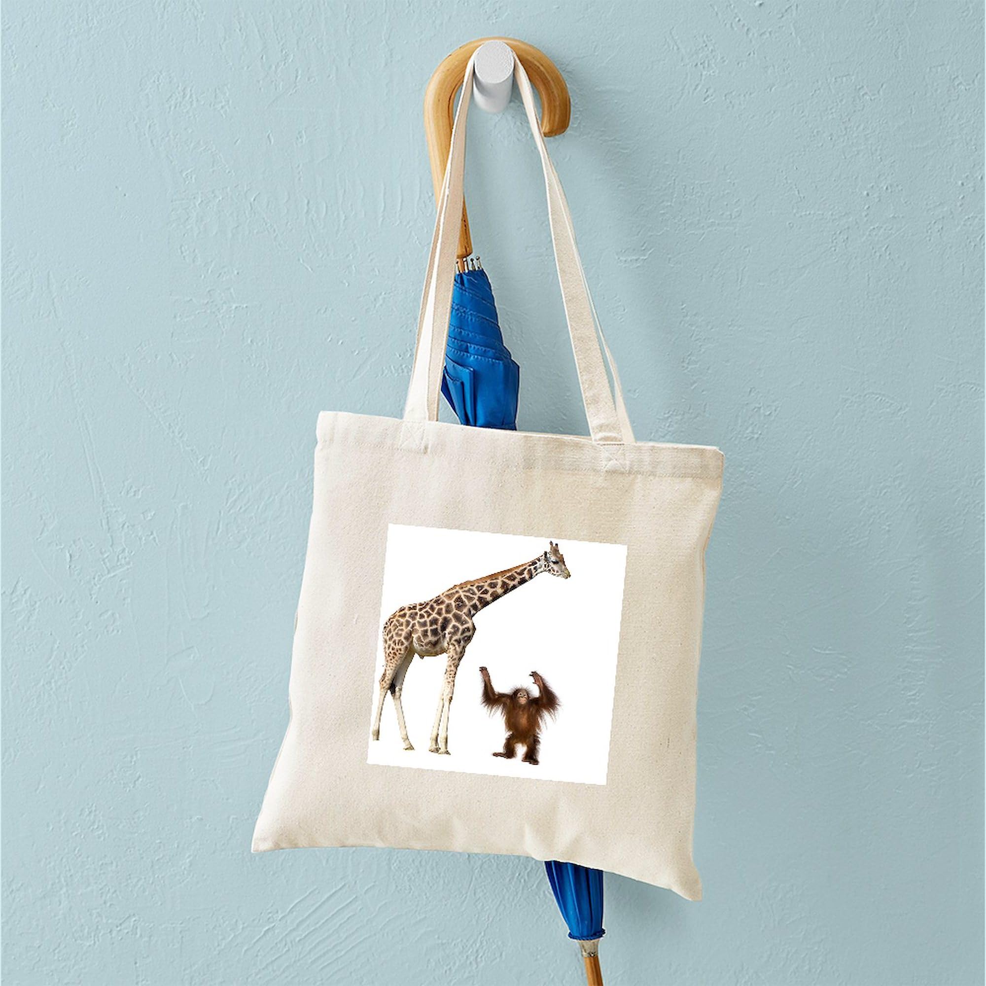 Eco-Friendly Giraffe & Orangutan Print Canvas Tote Bag - Reusable Natural Cotton Shopping Bag for Groceries, Beach & Daily Use