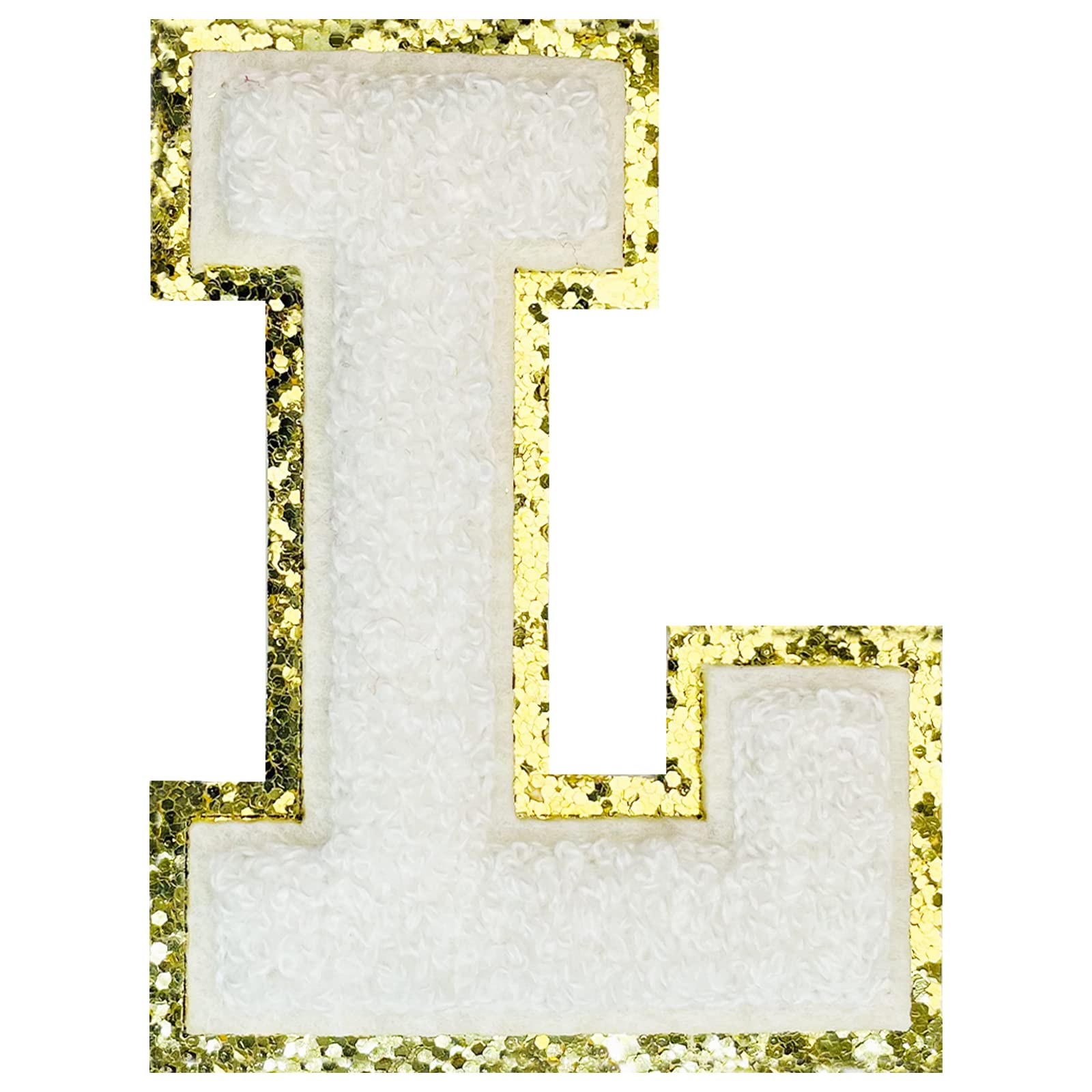 Iron On Letters for Clothing - 8PCS Chenille Varsity Letter Patches with Glitter & Adhesive Backing - Alphabet Sewing Appliques (White L) - Perfect for DIY Jackets, Hats, Bags & School Spirit Gear