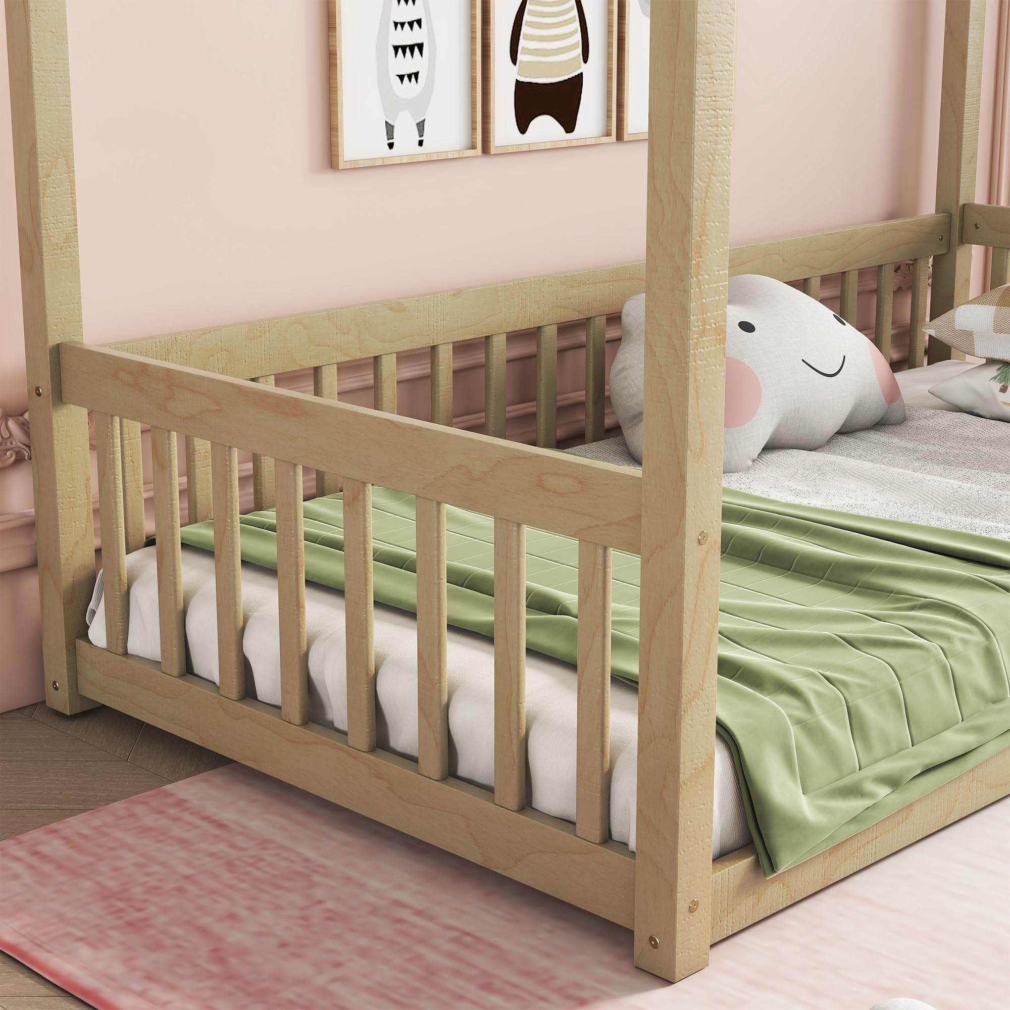 Twin Size Wood Canopy Bed Frame with Safety Fence for Kids - Sturdy Four Poster Platform Bed for Boys & Girls (Natural Finish) - Perfect for Nursery, Bedroom, Playroom & Sleepovers