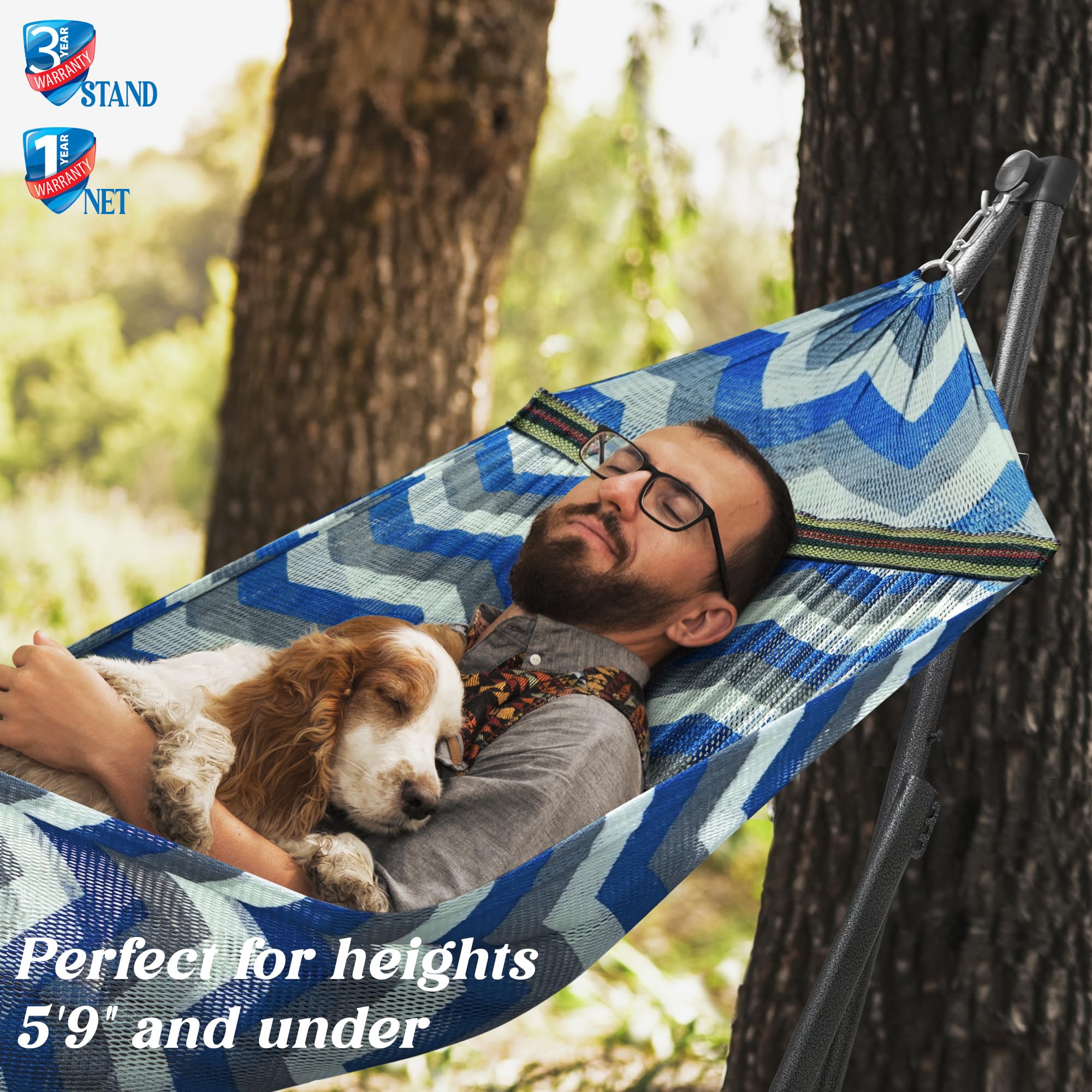 Tranquillo Uniki 550 lbs Capacity Double Hammock Stand - Adjustable & Collapsible Steel Frame with Breathable Polyester Hammock Net - Perfect for Camping, Backyard Relaxation & Outdoor Adventures