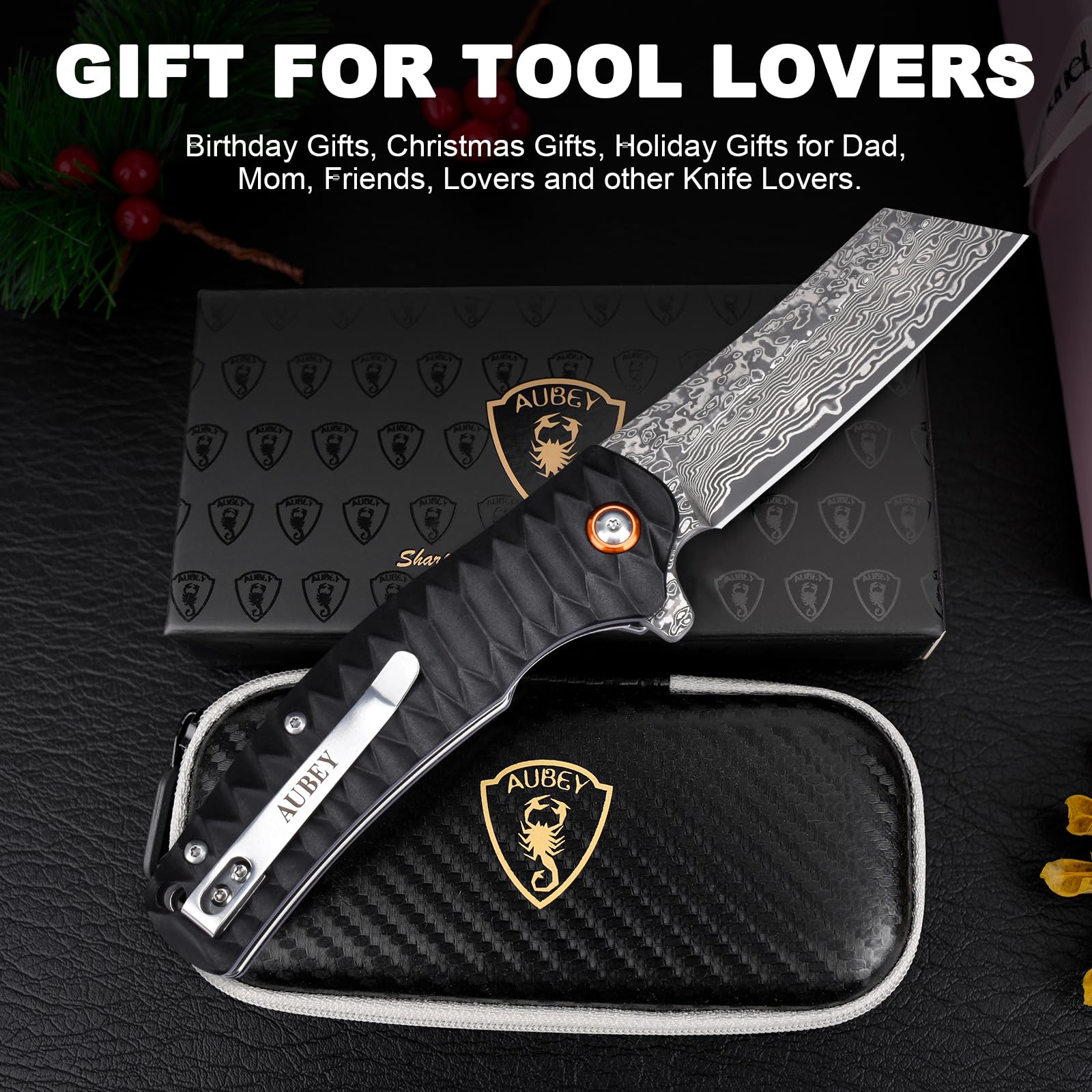 AUBEY Damascus Pocket Knife - 3.34
