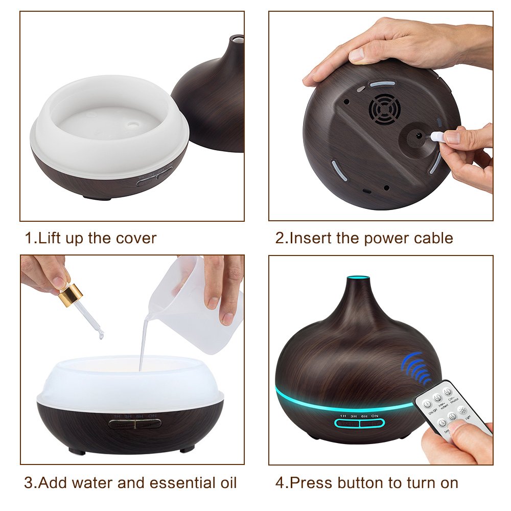 550ML Remote Control Essential Oil Diffuser - Aromatherapy Ultrasonic Cool Mist Humidifier with Auto Shut-Off & Timer for Home, Office, Yoga Studio - Dark Wood Finish for Relaxation & Better Sleep