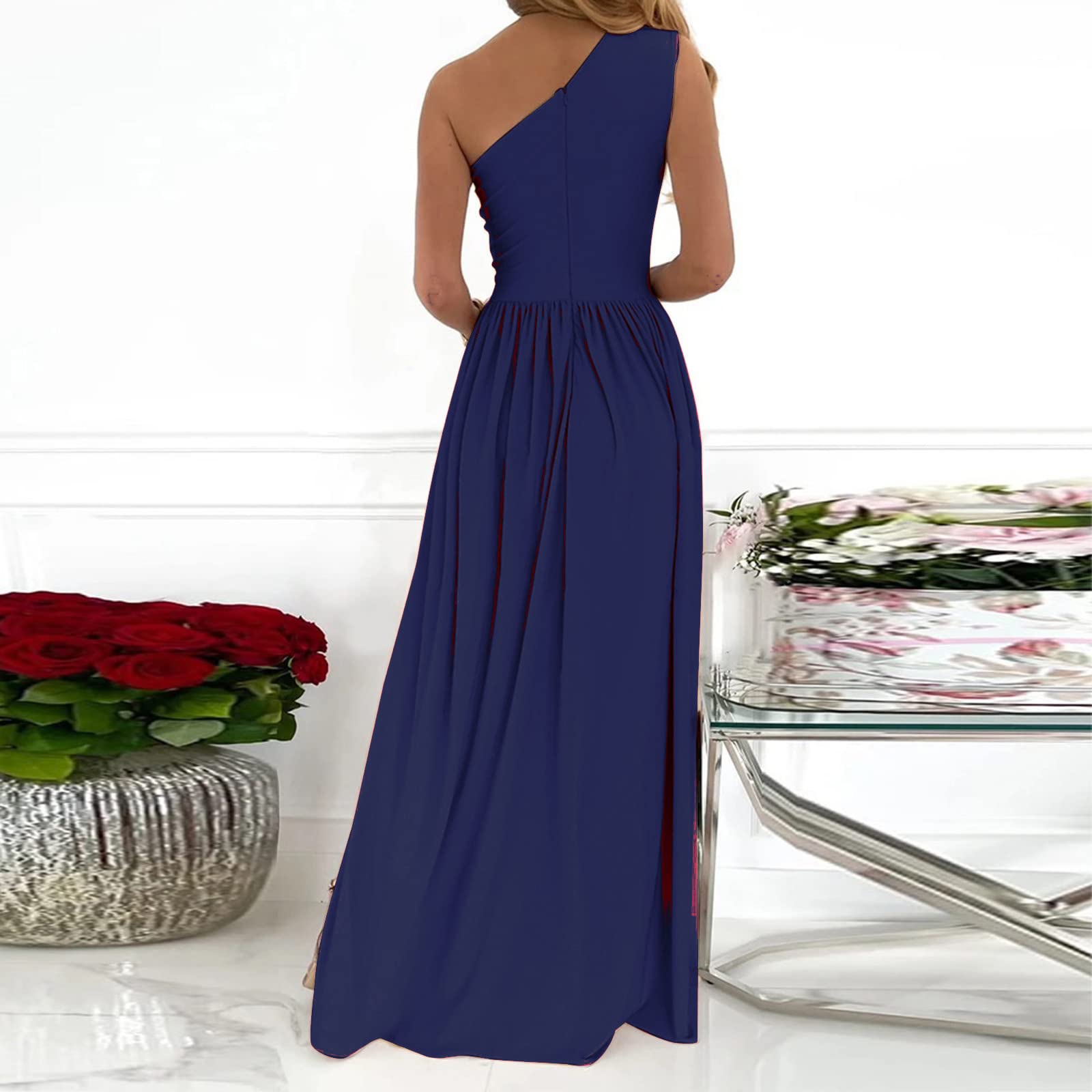 FOVIGUO Women's One Shoulder Cocktail Dress - Solid Blue Sleeveless Stretch High Waist Elegant Mesh Party Dress for Summer, Dinner & Special Occasions