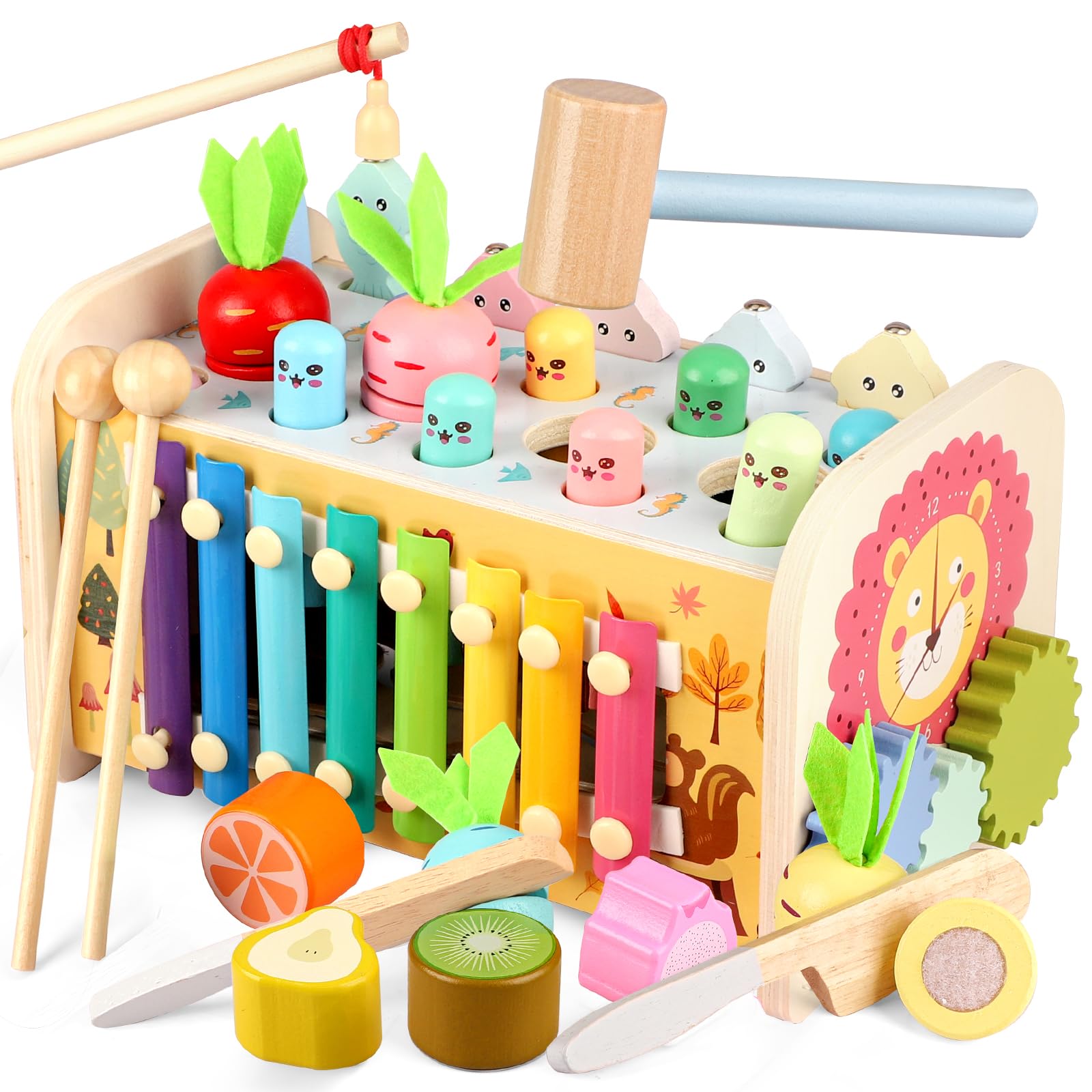 9-in-1 Montessori Wooden Hammering Toy for Toddlers 1-3 Years - Whack A Mole Game with Xylophone, Early Learning Activity for Boys & Girls - Perfect Birthday Gift for Sensory Play & Motor Skill Development