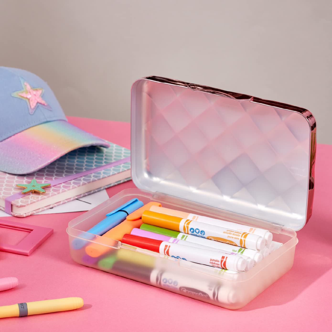 Durable Hard Plastic Pencil Case with Latch & Quilted Metallic Design - Rose Gold Pencil Box Holder for School, Office & Travel (Fits Pens, Markers, Crayons & Art Supplies)