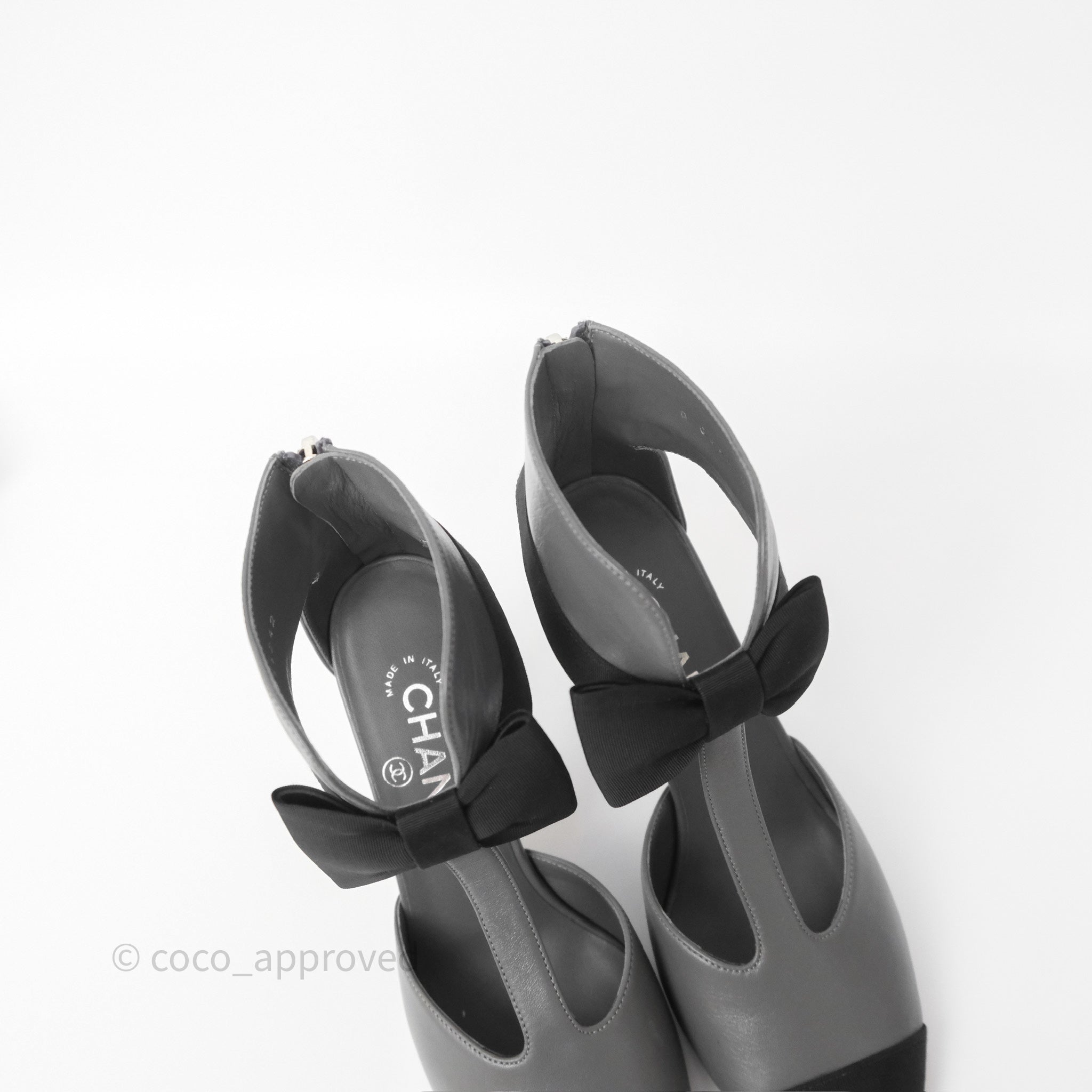Chanel Cap Toe Bow Ankle Strap Sandals - Grey & Black Lambskin Leather - Perfect for Summer Weddings & Evening Events