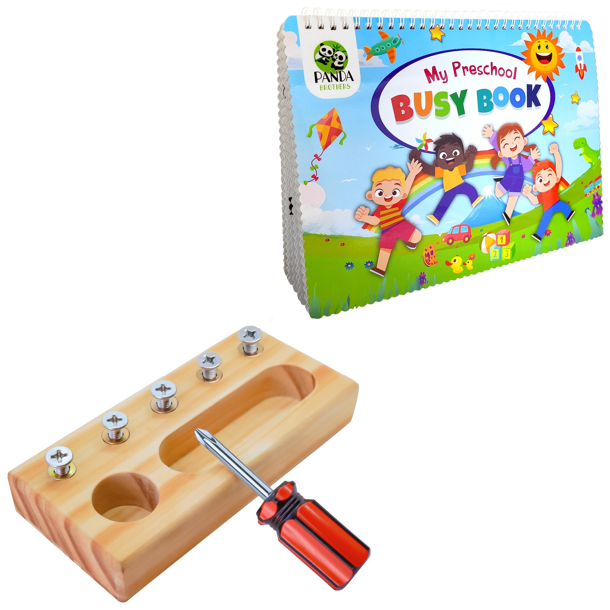 Panda Brothers Montessori Toys Set - Wooden Busy Book & Screwdriver Board for Kids Ages 3-5 | Sensory Learning, STEM Educational Toys for Preschool Boys & Girls | Perfect for Classroom Activities & Home Playtime