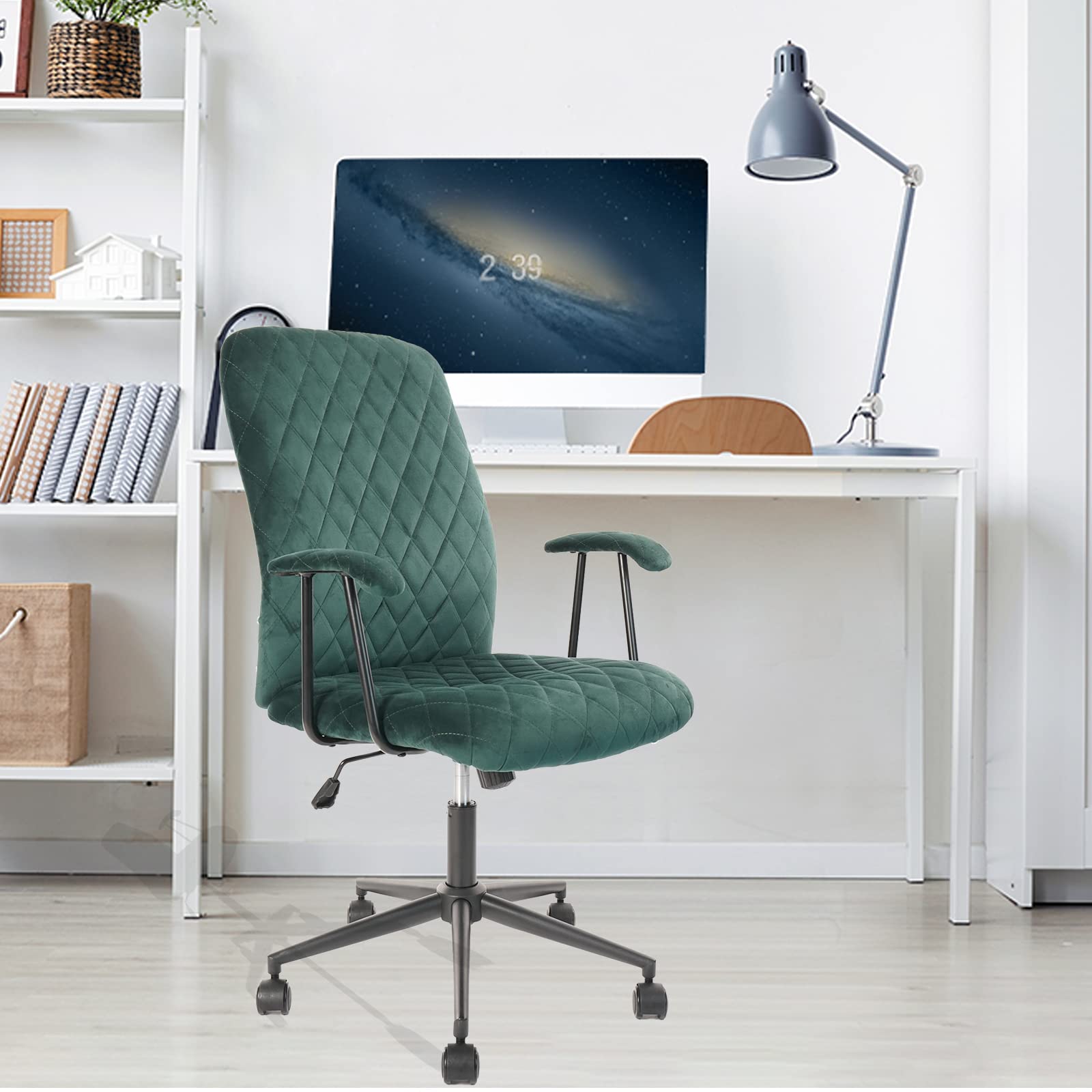 Dark Green Vintage Upholstered Office Chair - Adjustable Swivel Armchair with Lumbar Support & Wheels, Mid-Back Velvet Task Chair (2-Pack) - Perfect for Home Office, Study Room & Gaming Setup