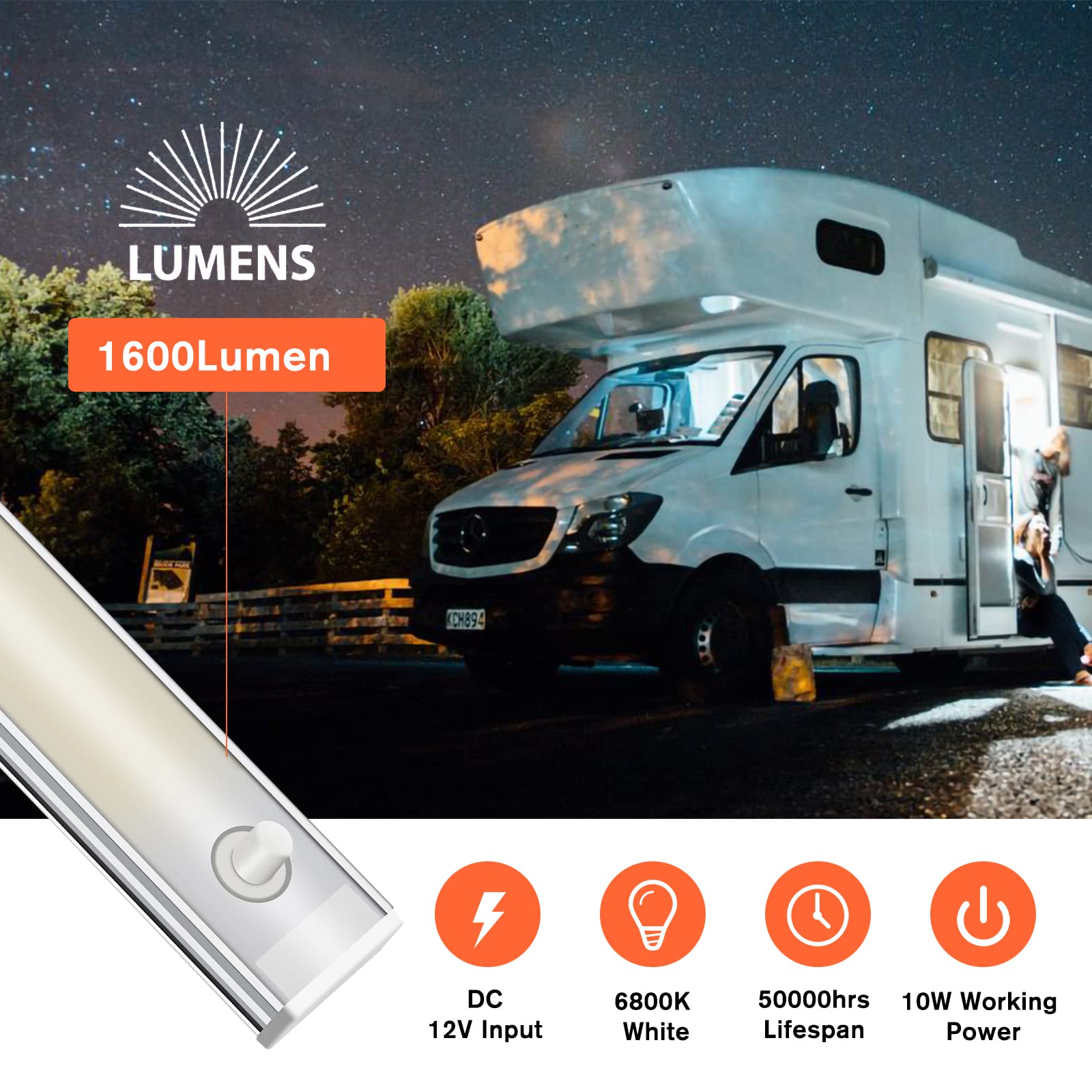 WELLUCK 12V COB LED Interior Light Bar - 1600LM Ultra Bright Car LED Strip with On/Off Switch for Trucks, Trailers, Vans, RVs, Boats & Cabinets | Waterproof 12 Volt Lighting for Bedrooms, Storage Spaces & Enclosed Areas