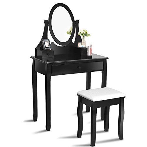 Casart Black Wooden Bathroom Vanity Set with Mirror & 3 Drawers - Makeup Dressing Table & Stool Combo for Modern Bathroom Decor | Perfect for Small Spaces & Daily Beauty Routine