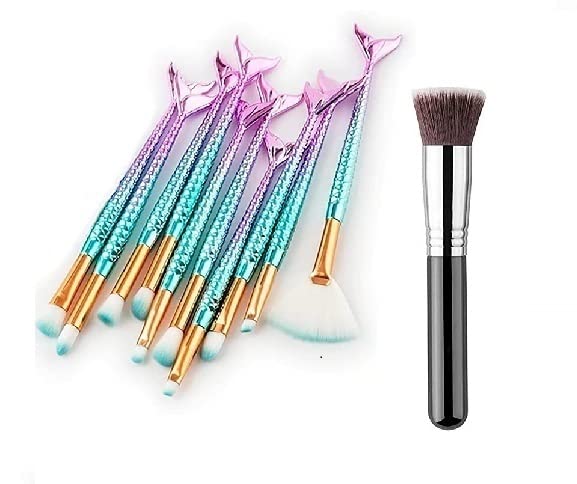 Premium 10-Piece Mermaid Makeup Brush Set - 3D Scale Design Kabuki, Eyeliner & Blush Brushes for Professional & Everyday Makeup | Perfect Gift for Women & Makeup Artists | Home, Travel & Salon Use