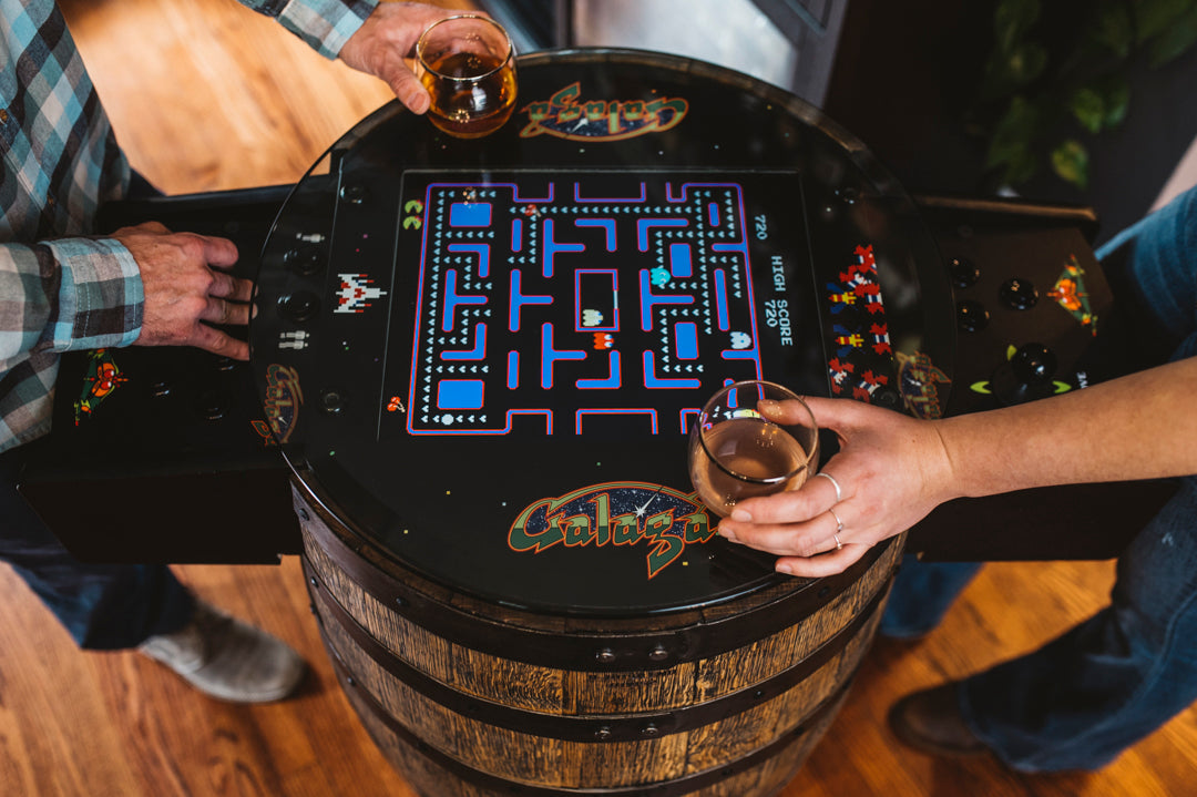 8 Bit Blend Whiskey Barrel Arcade - 60 Classic Retro Games in 1 | Vintage Gaming Console for Home Bar, Man Cave & Game Room Entertainment
