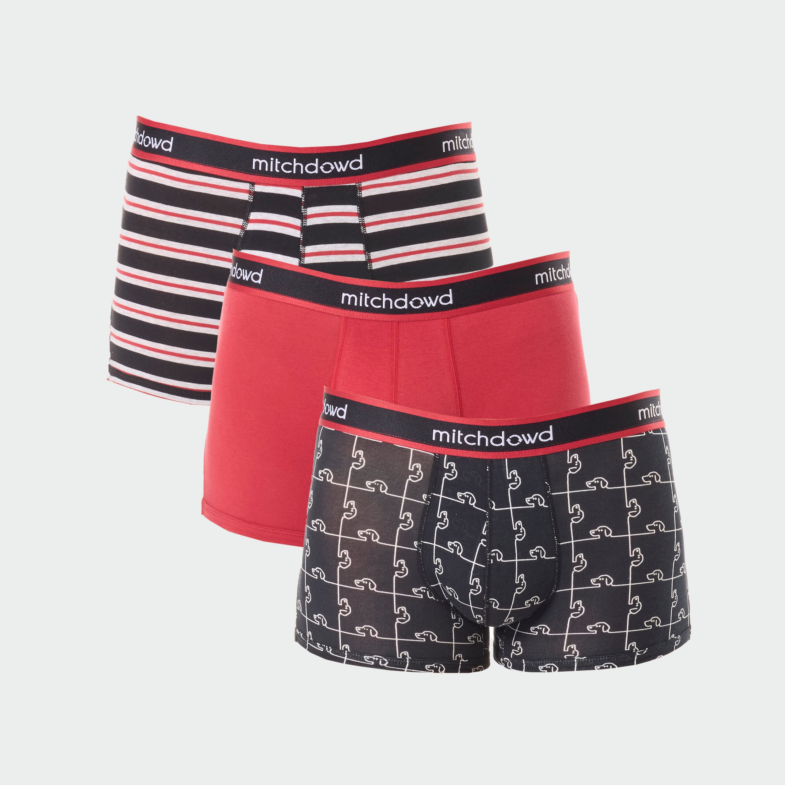 Men's Cotton Dog Print Boxer Briefs 3-Pack - Comfortable Underwear for Casual Wear, Lounge & Sleep - Red