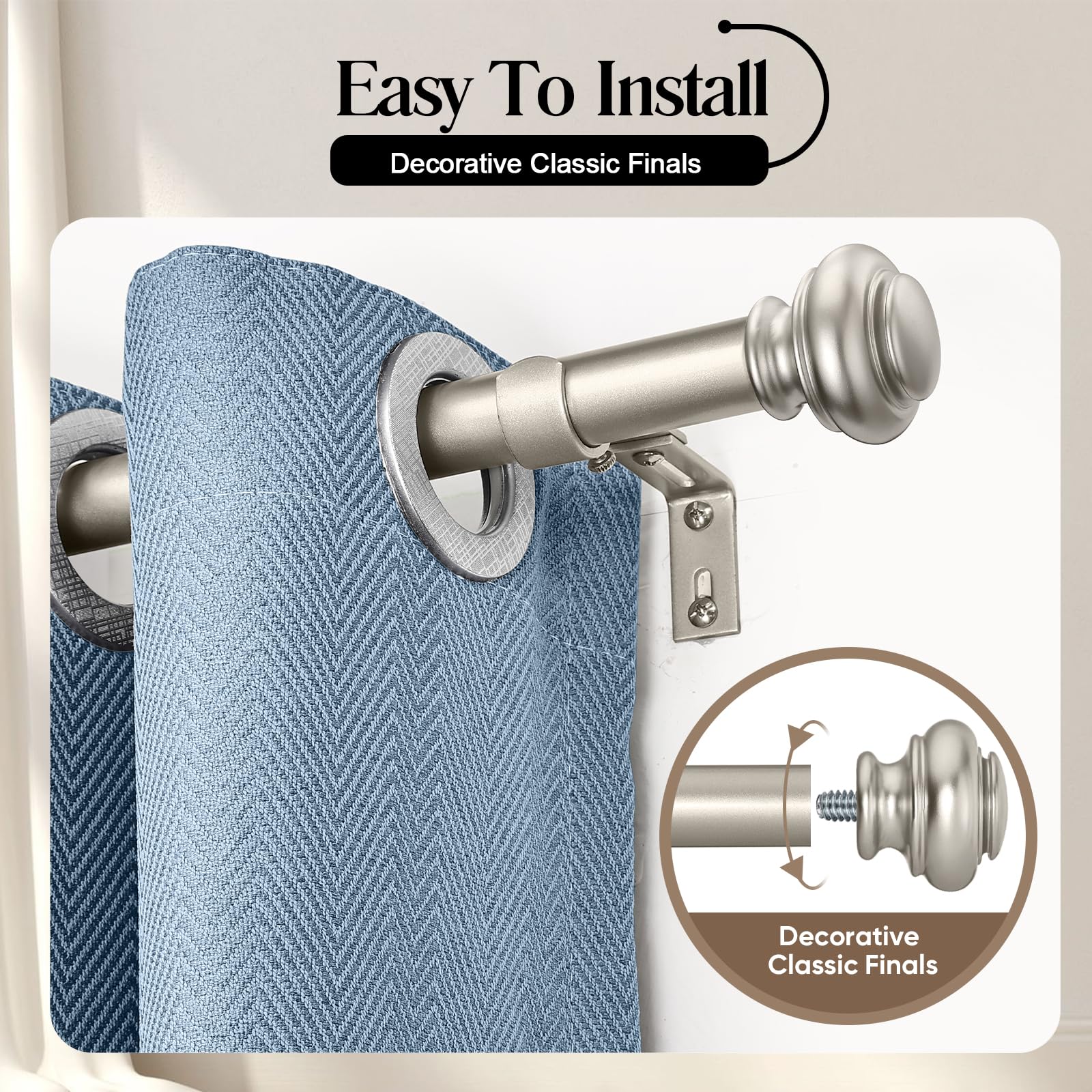 Heavy Duty Adjustable Curtain Rod 28-48 Inches - 1 Inch Silver Metal Window Rod for Bedroom, Living Room, Kitchen & Patio with Classic Finials | Durable Home Decor for Blackout & Sheer Curtains