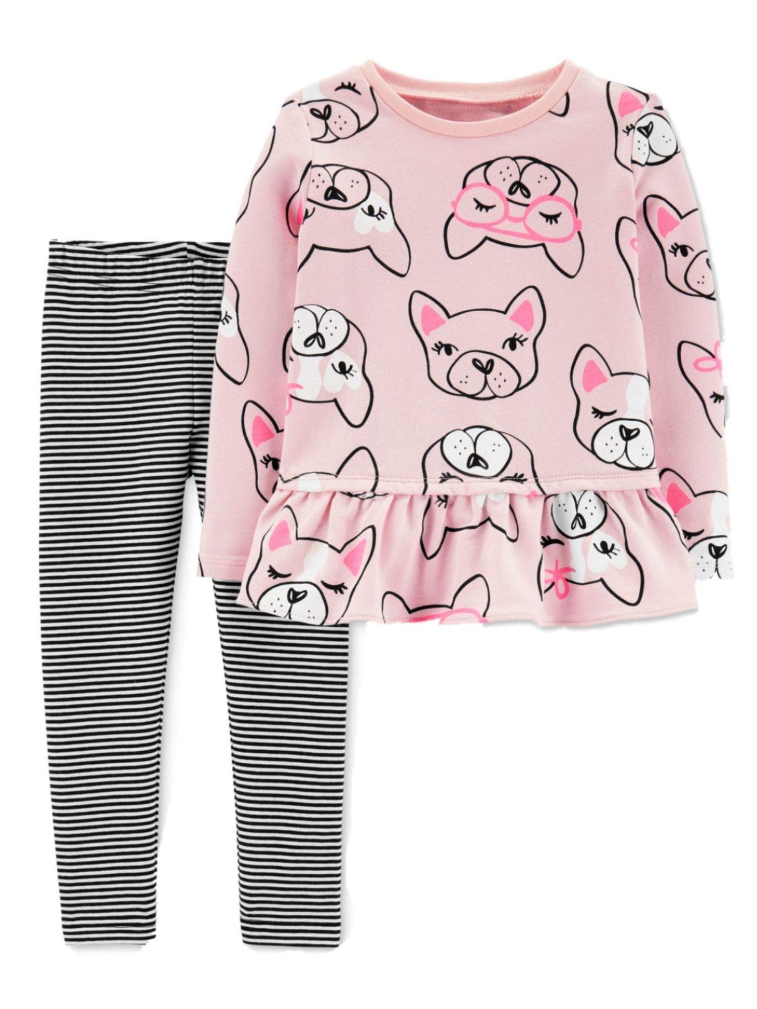 Carters Infant Girls Ruffled Pink Puppy Dog Print Shirt & Striped Leggings Outfit Set - Adorable Baby Girl Clothes for Playdates, Photos & Special Occasions