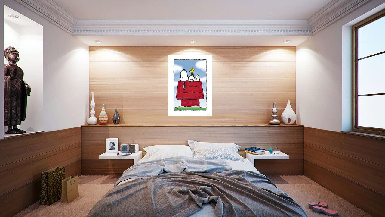 Peanuts TV Show Poster - Snoopy & Woodstock Sleeping on Dog House - 27x40 Inches - Black Poster Hanger - Perfect for Kids' Room Decor, Classroom, or Comic Fan Gift