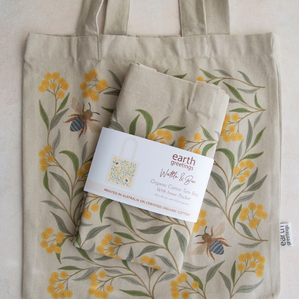 Eco-Friendly Organic Cotton Tote Bag with Inner Pocket - Earth Greetings by Wattle & Bee | Reusable Shopping Bag for Groceries, Beach & Daily Use