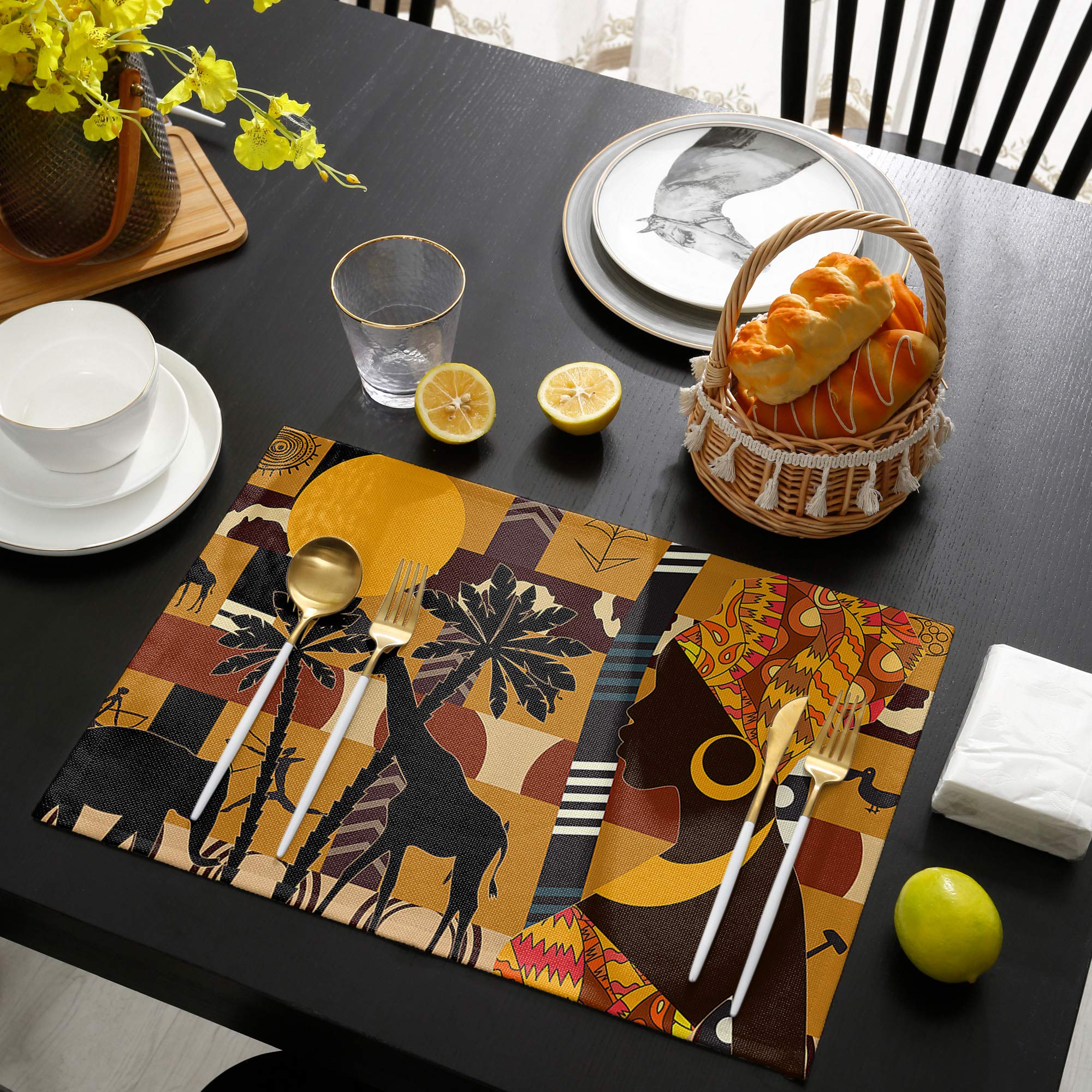 Set of 4 Black Women Placemats - African Animal Giraffe Elephant Design, Washable Dining Table Mats for Kitchen & Dinner Room Decor, Perfect for Family Gatherings & Special Occasions