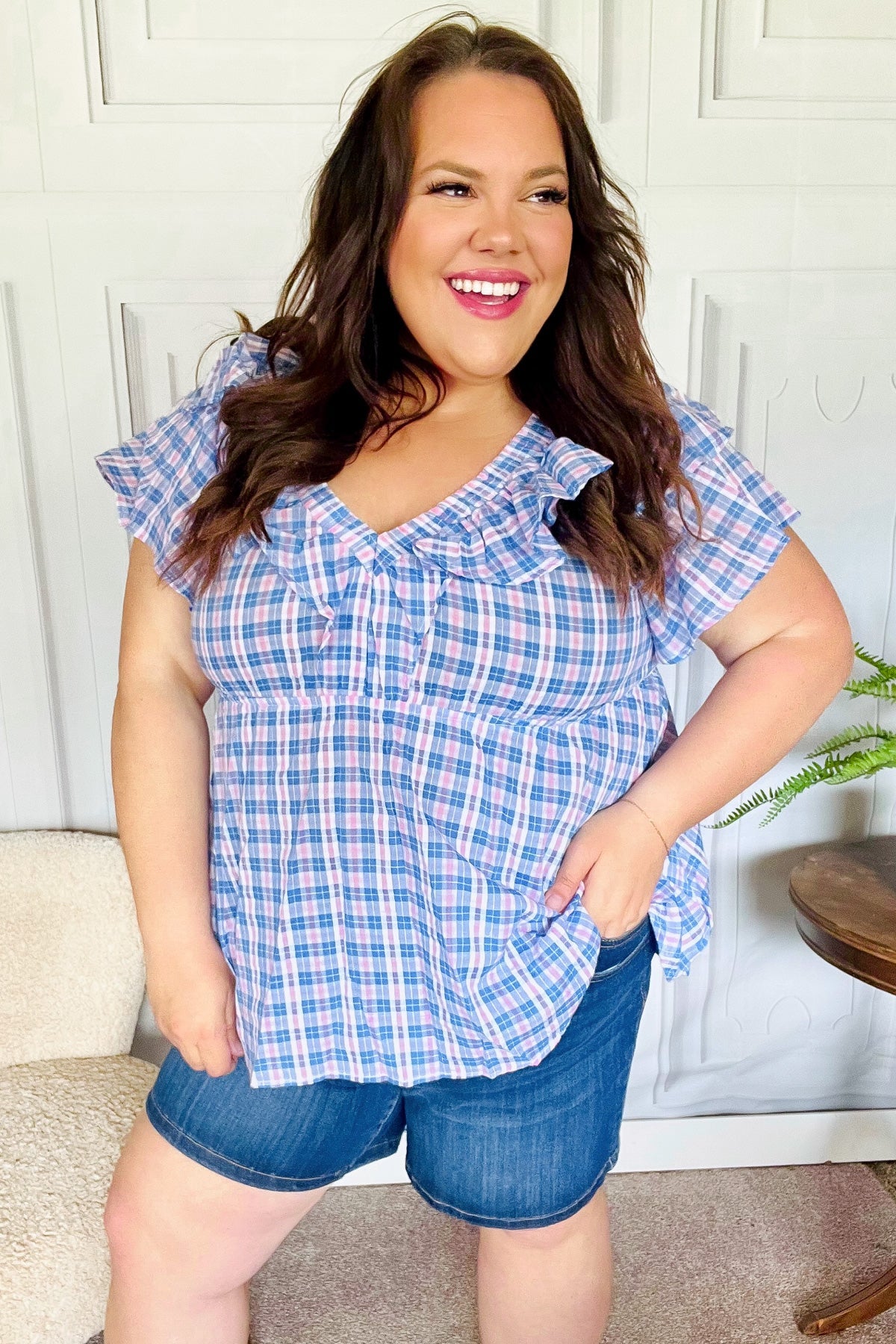 Stylish Blue Plaid V-Neck Ruffle Elastic Babydoll Top for Women - Perfect for Casual Outings, Dates & Summer Fashion