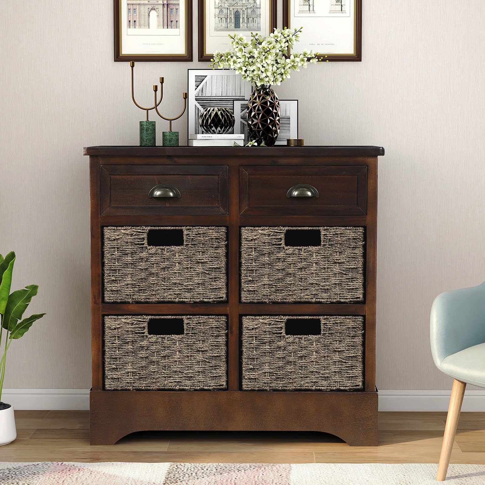Rustic Storage Cabinet with 2 Drawers & Rattan Baskets - Bedroom & Living Room Organizer
