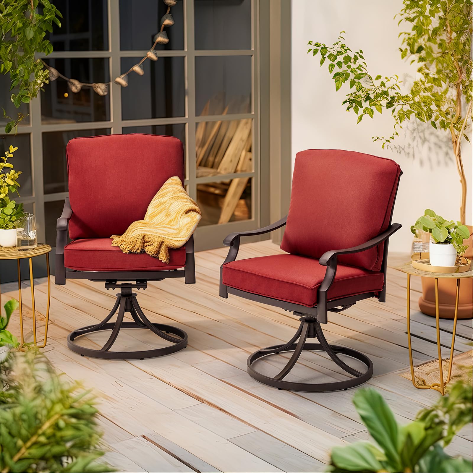 MELLCOM Heavy Duty Outdoor Swivel Dining Chairs Set of 2 with Thickened Cushions - Metal Patio Rocking Chairs for Garden, Lawn, Porch, Backyard & Poolside - Red (Perfect for Outdoor Entertaining, Relaxing & Dining)