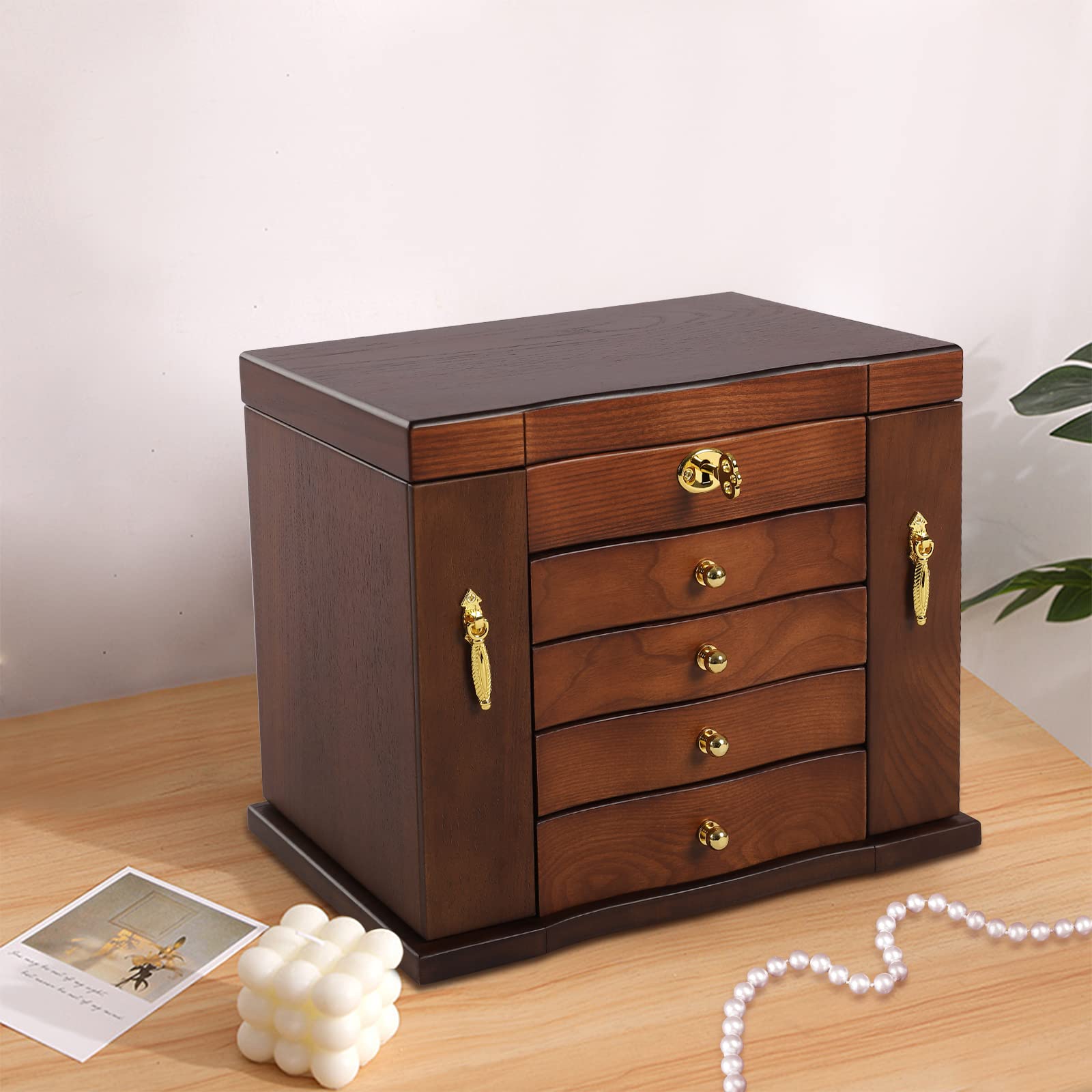 LOYALHEARTDY Large 5-Layer Wooden Jewelry Box with 2 Swing-Out Cabinets, Mirror & Lock - Necklace Earring Bracelet Organizer Storage Display Case - Perfect for Bedroom Vanity, Wedding Gift & Jewelry Collection