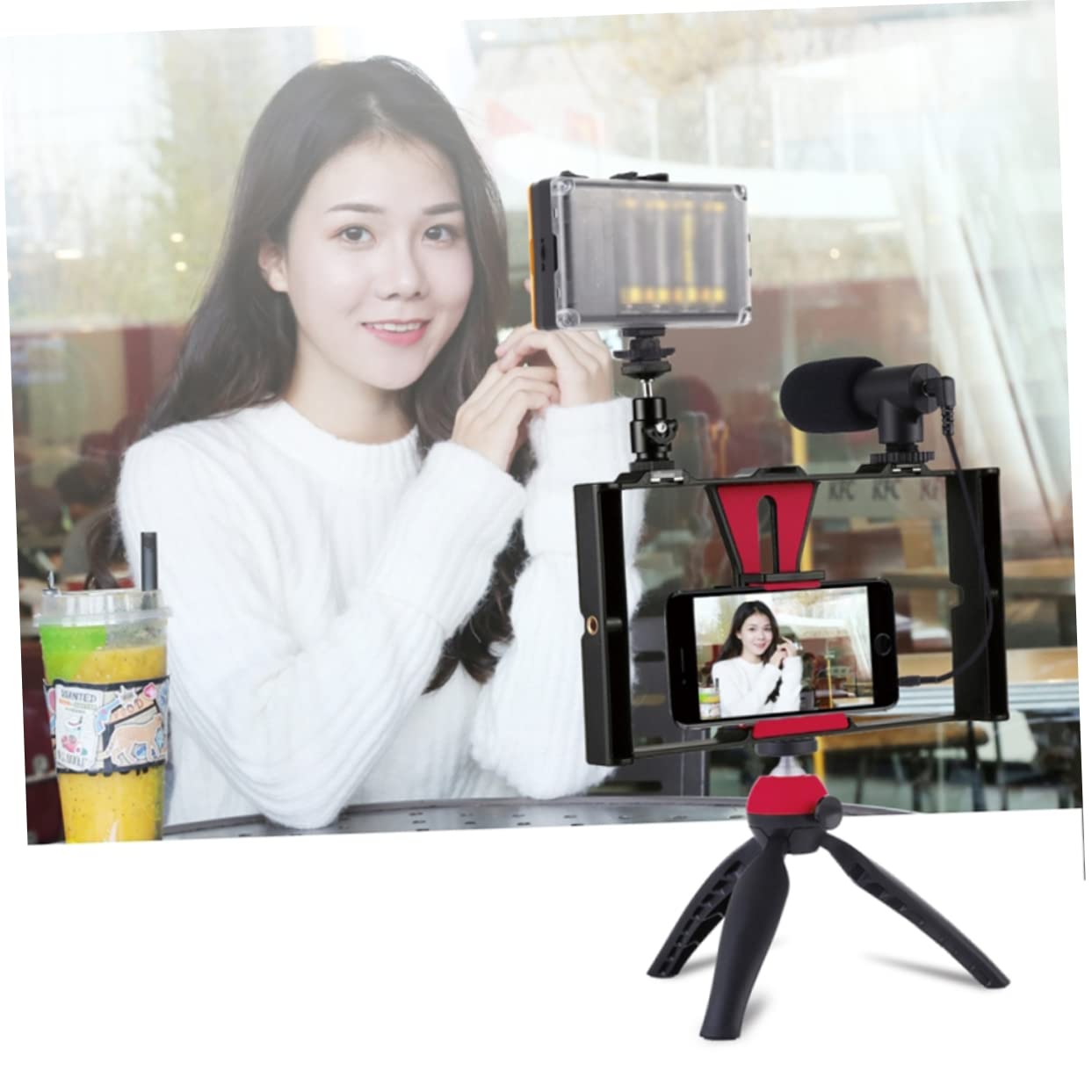 UKCOCO 1 Set Adjustable Phone Tripod Stand with Light & Microphone Holder - Desktop Mount for Live Streaming, Makeup Videos, Photography & Video Calls - Perfect for Content Creators, Vloggers & Home Office
