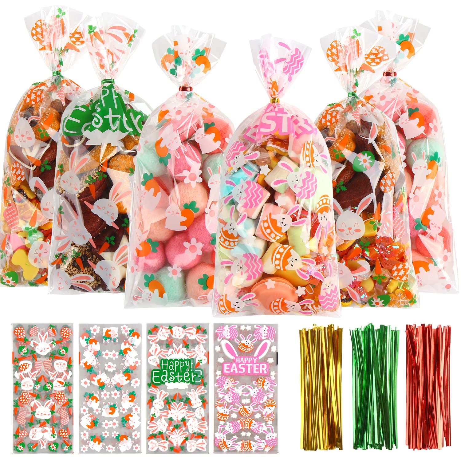 LOKIPA Easter Cellophane Treat Bags - 120pcs Assorted Styles with Ties for Candy, Gifts & Party Favors - Perfect for Easter Celebrations, Classroom Treats & Holiday Goodie Bags