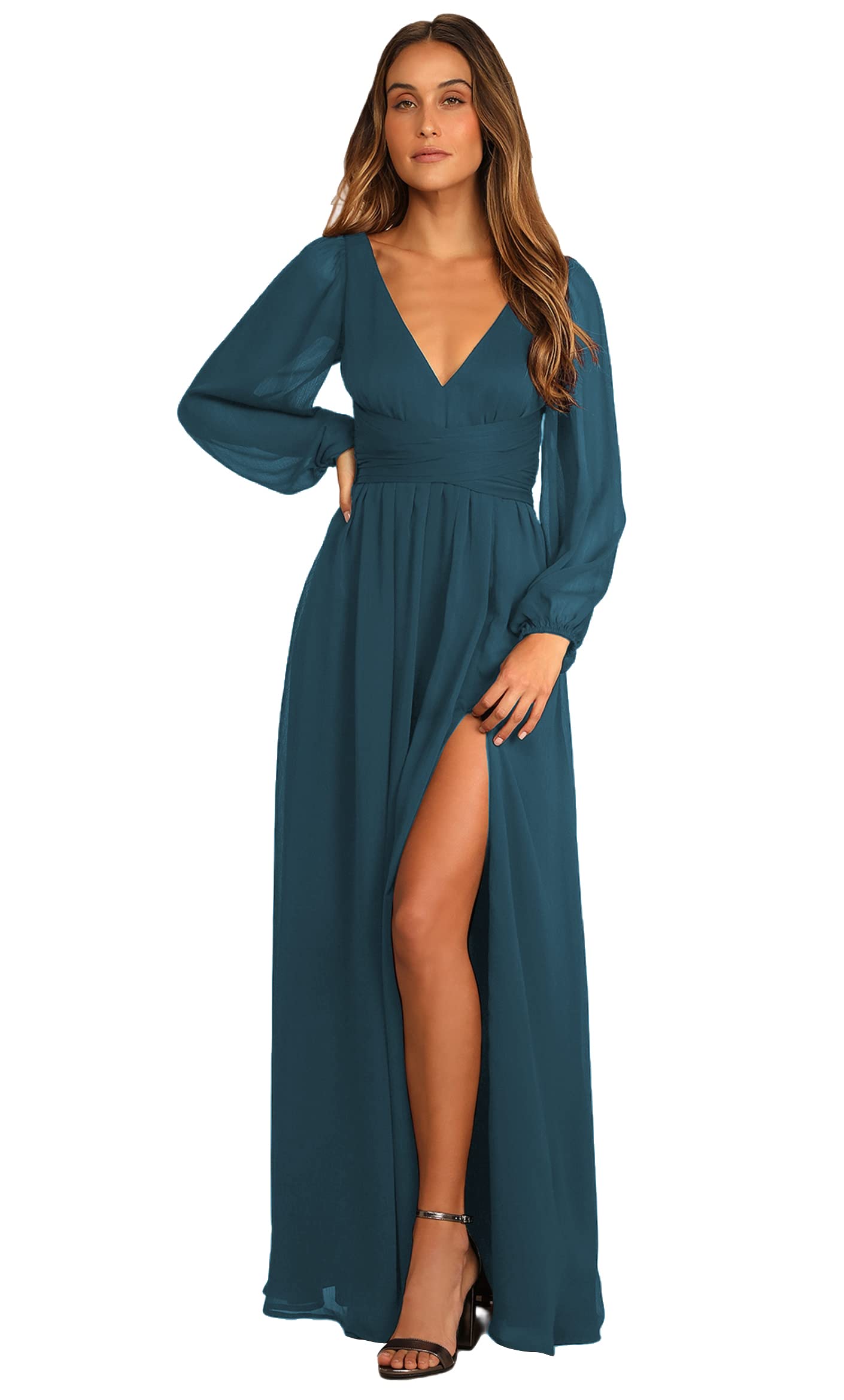 GUKARLEED Women's V-Neck Bridesmaid Dress - Wrap Ruched Open Back Long Ball Gown with High Slit for Weddings, Parties & Formal Events