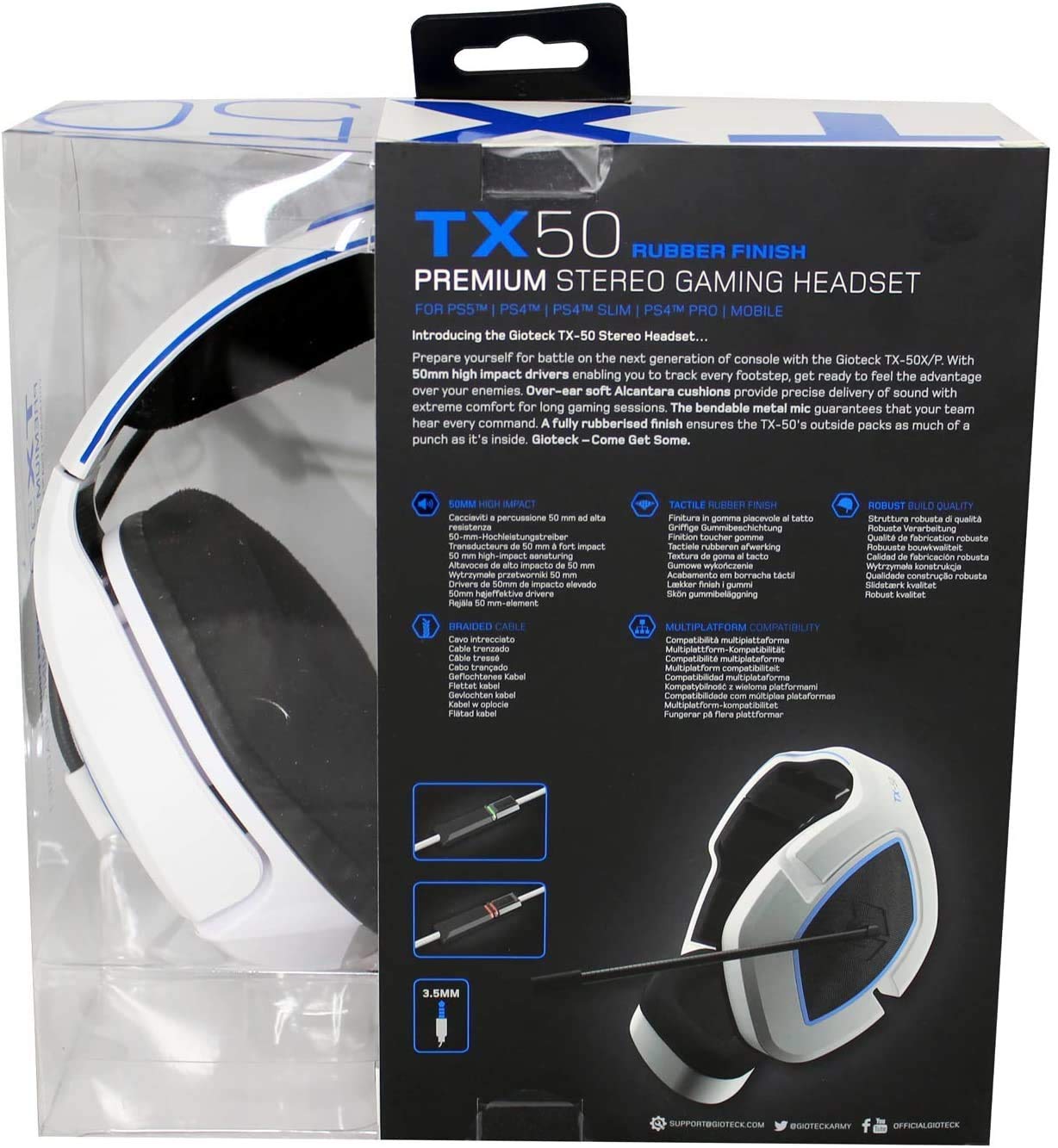 Gioteck TX-50 Wired Stereo Gaming Headset for PS5 - White & Blue - Noise Cancelling Mic, Comfortable Ear Cushions - Perfect for Competitive Gaming & Late Night Sessions