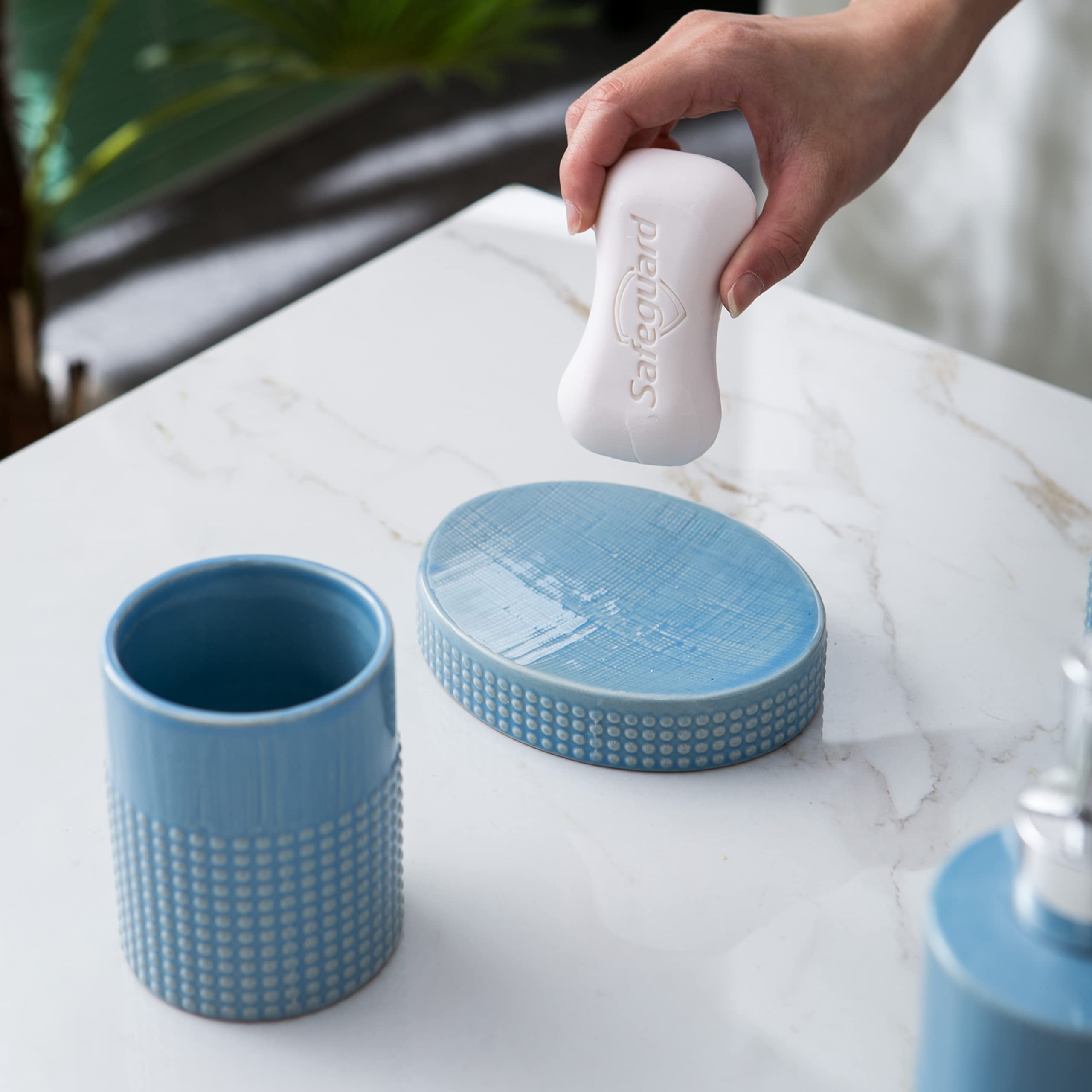 4-Piece Ceramic Bathroom Accessories Set - Soap Dispenser, Toothbrush Holder, Tumbler & Soap Dish | Modern Home Decor for Bathroom, Housewarming Gift (Blue) | Perfect for Guest Bathrooms, Master Suites & Spa-Inspired Spaces