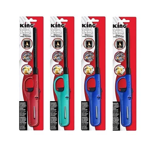 4 Pack King Long Multi-Color Utility Lighters for BBQ & Camping