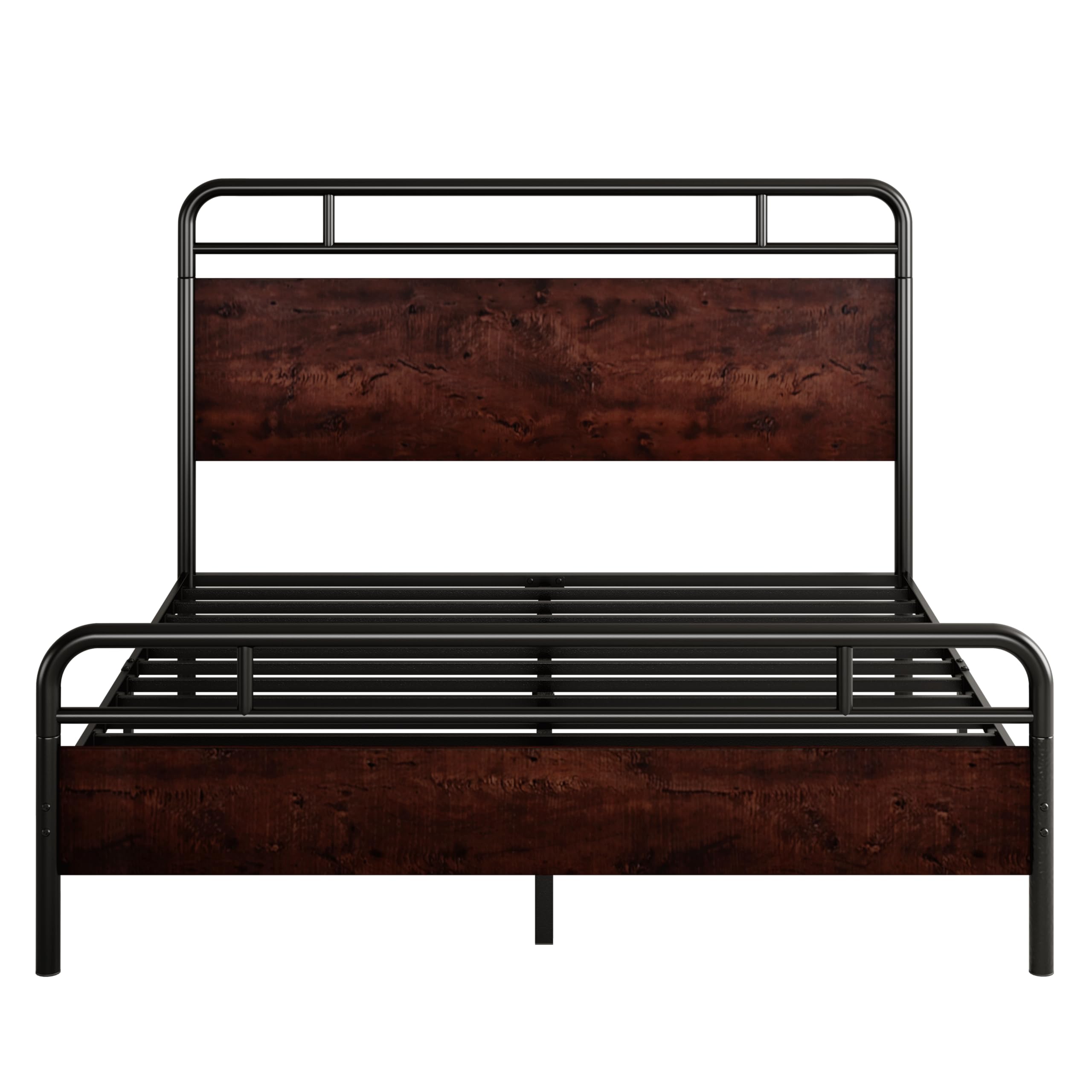 SHA CERLIN Queen Size Bed Frame with Wooden Headboard & Footboard - Sturdy Metal Frame with Rounded Corners, Heavy Duty Slats & Under-Bed Storage - No Box Spring Required - Mahogany Finish - Perfect for Master Bedrooms, Guest Rooms & Small Spaces