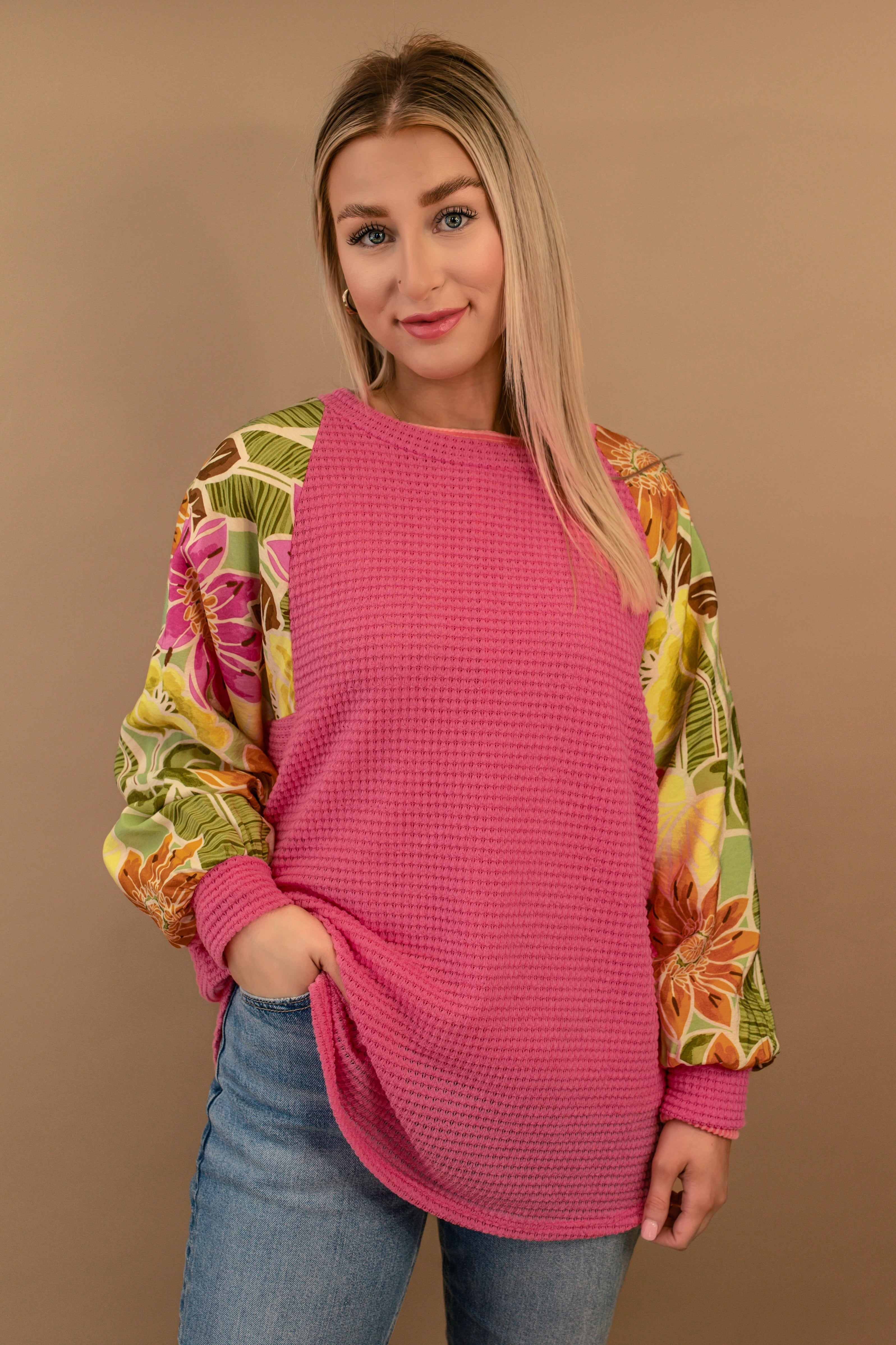 Faith Floral Waffle Knit Top for Women - Soft Breathable Long Sleeve Shirt - Boho Chic Blouse for Casual Wear, Date Night & Fall Outfits