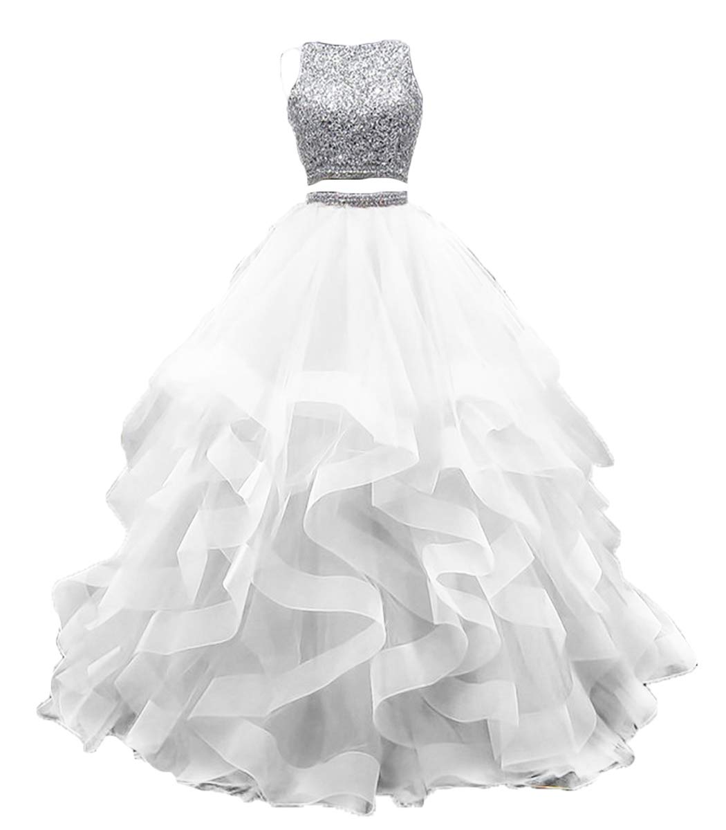 KaBuNi 2 Piece Prom Dress Long Beaded Quinceanera Dress - Elegant Layered Ruffle Tulle Ball Gown for Sweet 16, Homecoming, and Formal Events