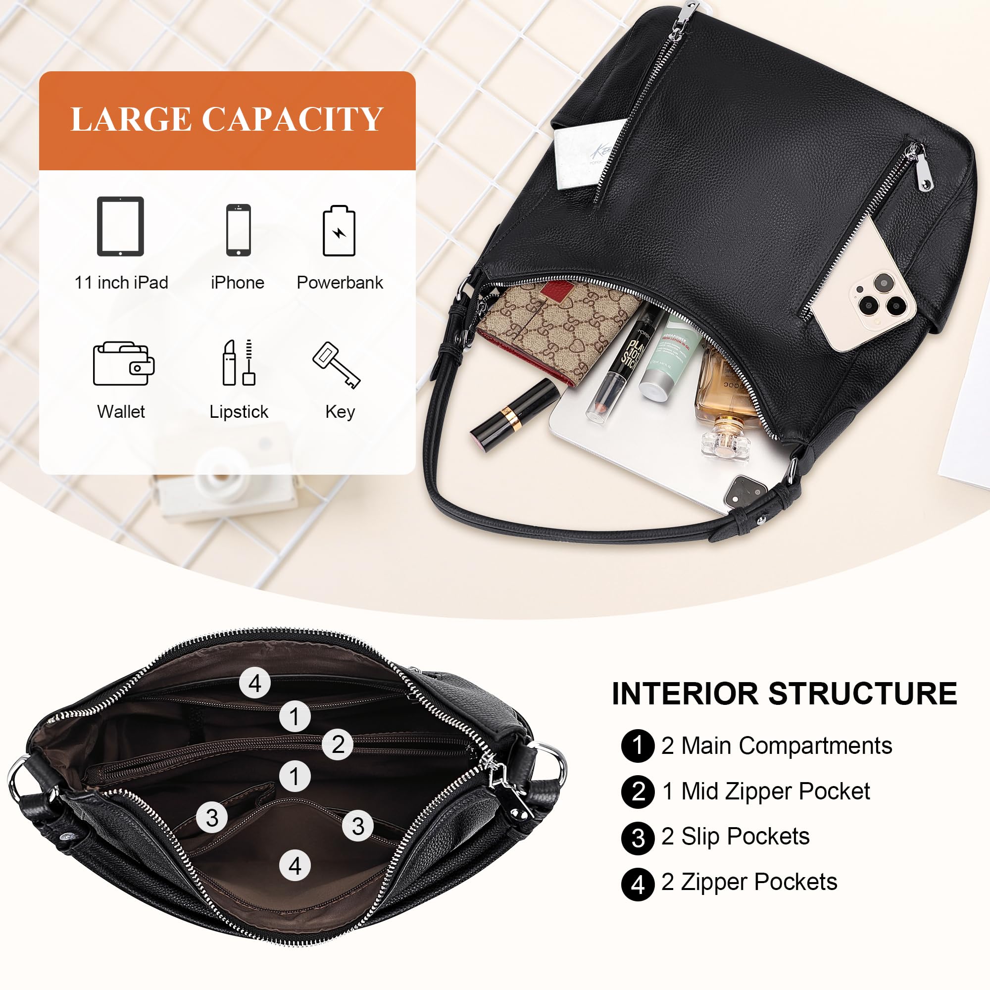 Genuine Leather Hobo Shoulder Bag for Women - Stylish Crossbody Purse & Handbag - Medium Size - Perfect for Work, Travel & Everyday Use